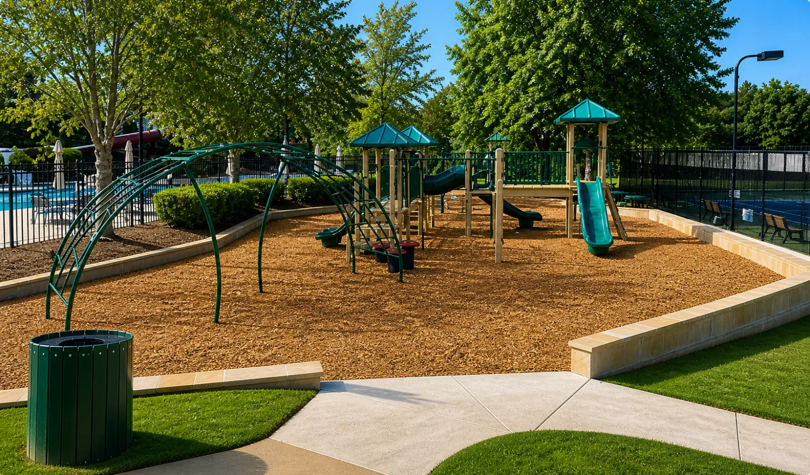 Empty playground with slides, climbing structures, and green trees on a sunny day with clear skies.