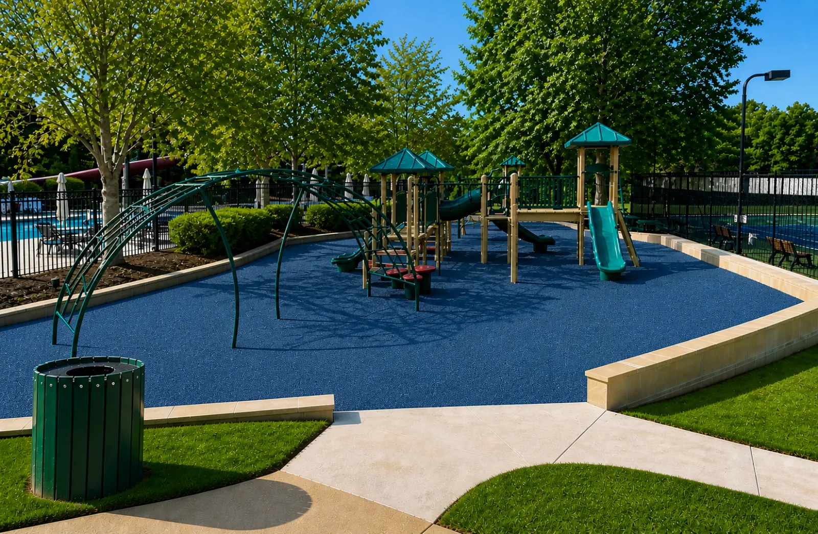 Outdoor playground with blue rubber flooring, green slides, climbing structures, and surrounding trees on a sunny day