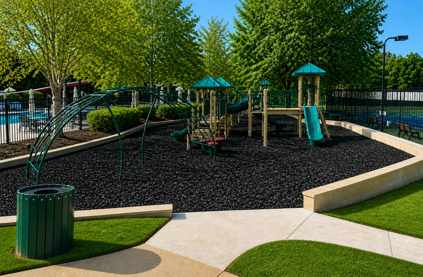 Outdoor playground with slides, climbing structures, green trees, and a black safety surface under bright sunlight.