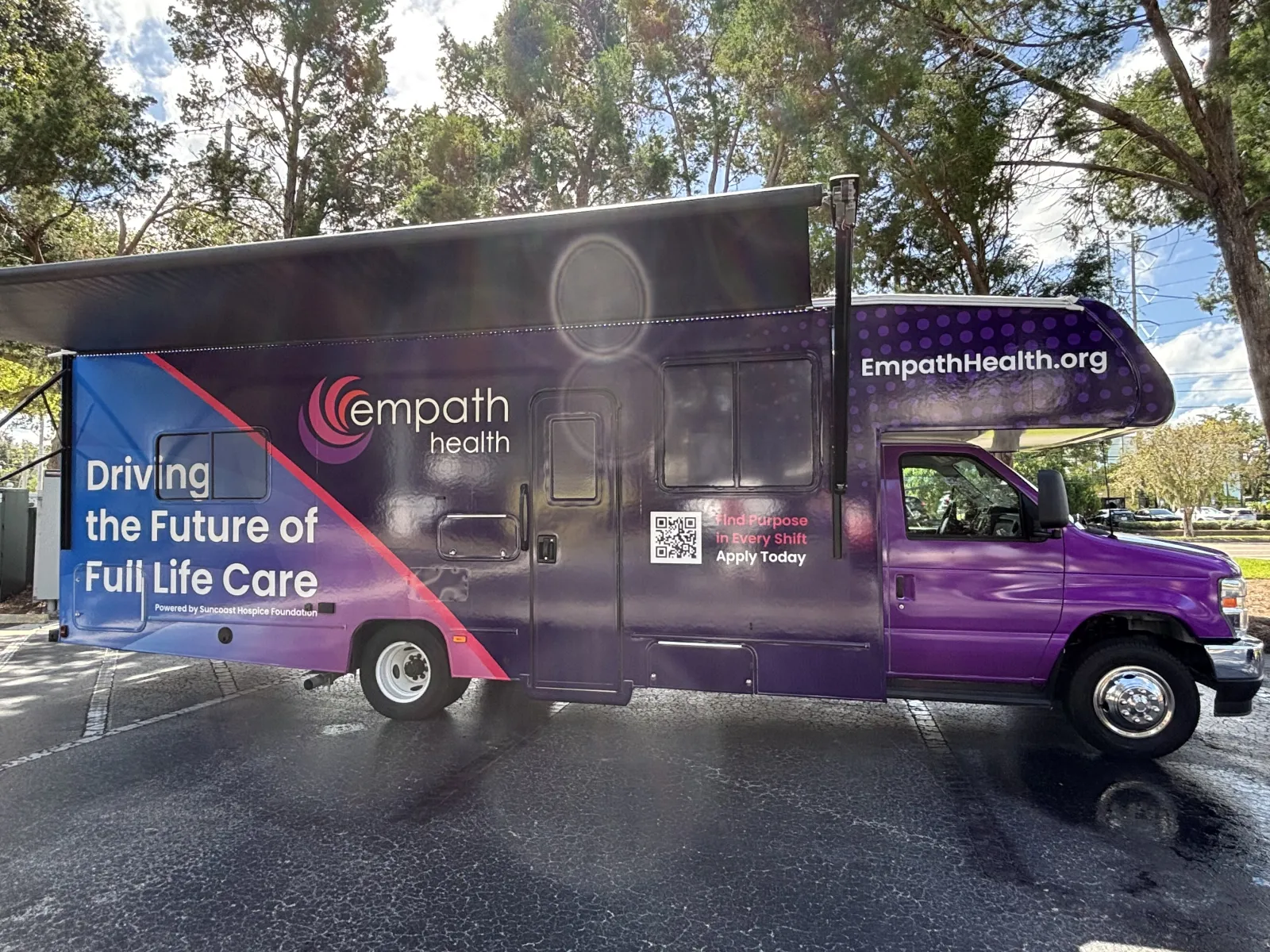 Empath Health Mobile Simulation Unit parked onsite, used to bring hands‑on clinical training and healthcare career exploration directly to students.