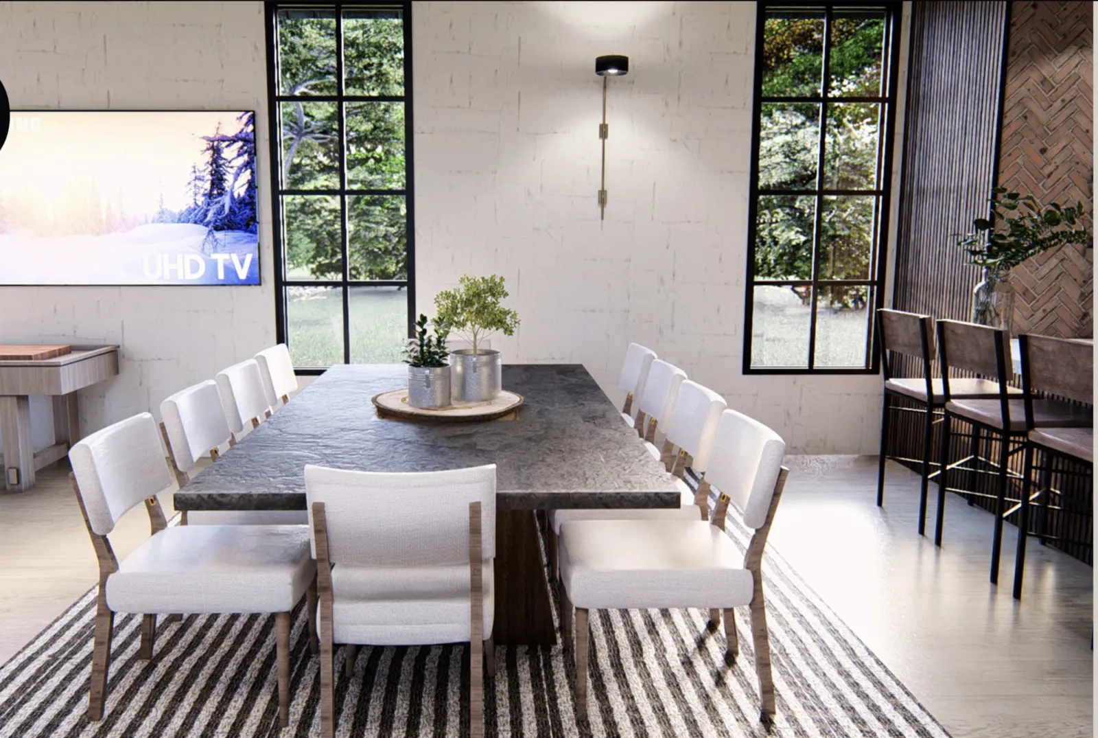 a dining room table with chairs around it