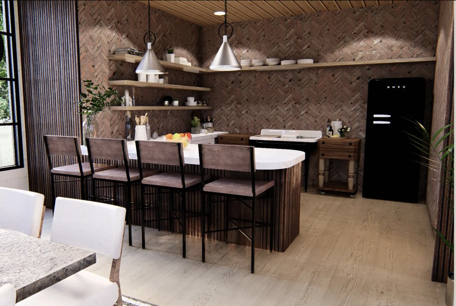 a kitchen with a bar and chairs