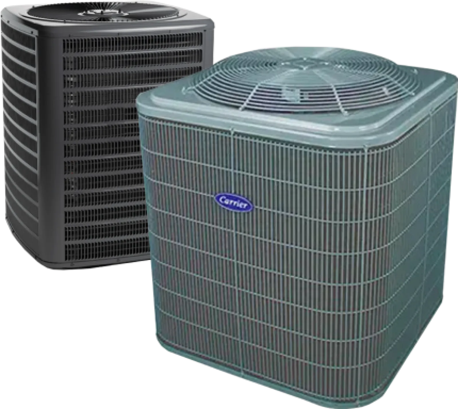 Two outdoor air conditioning units, one gray Carrier branded and one black, with top fans and metal grilles.