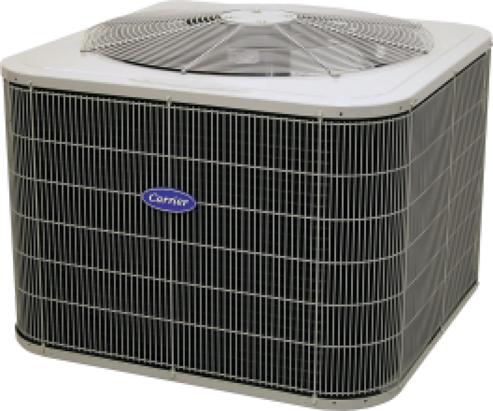 Carrier brand outdoor air conditioning unit with protective metal grille and top-mounted fan