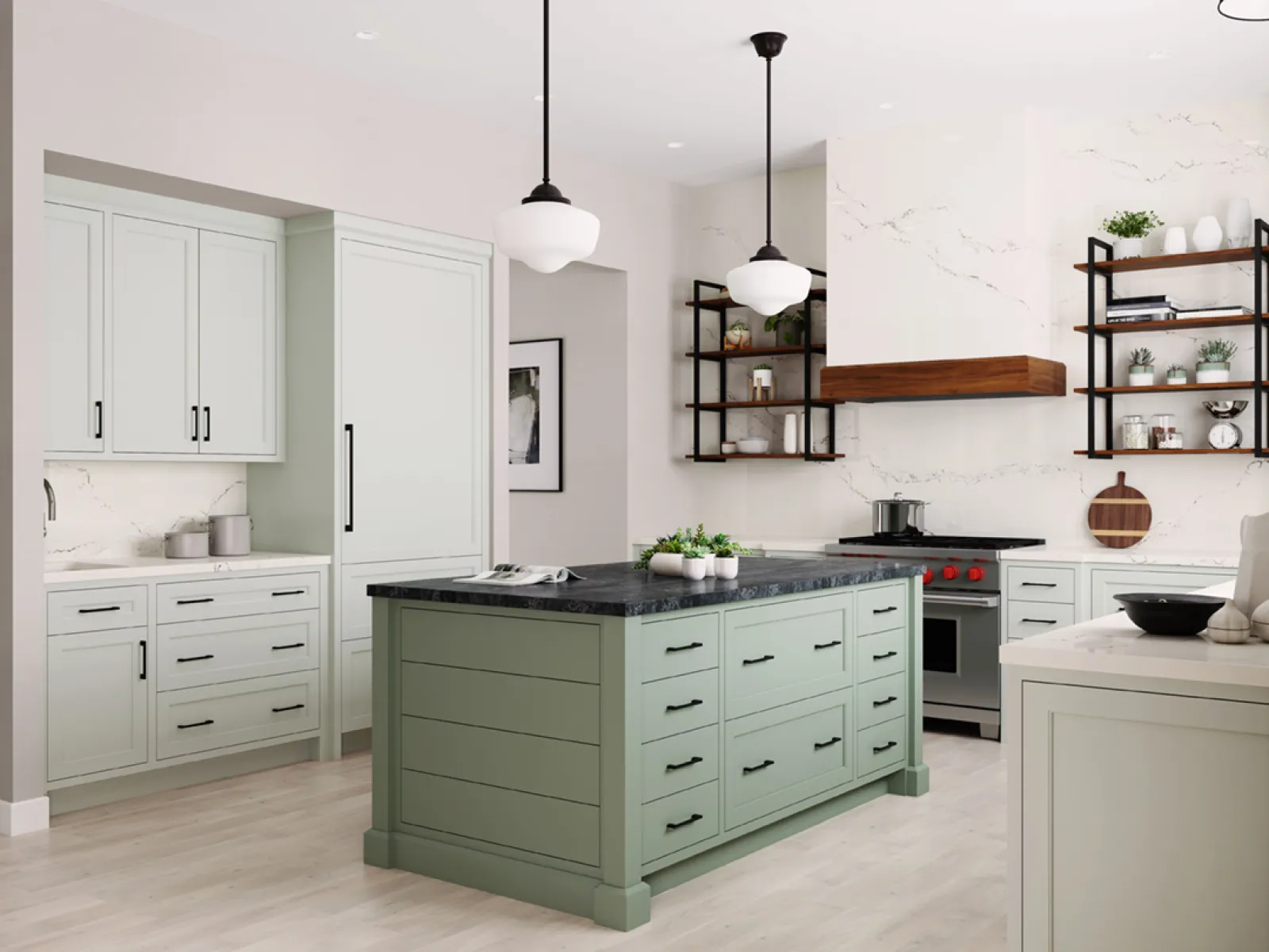 a kitchen with white cabinets