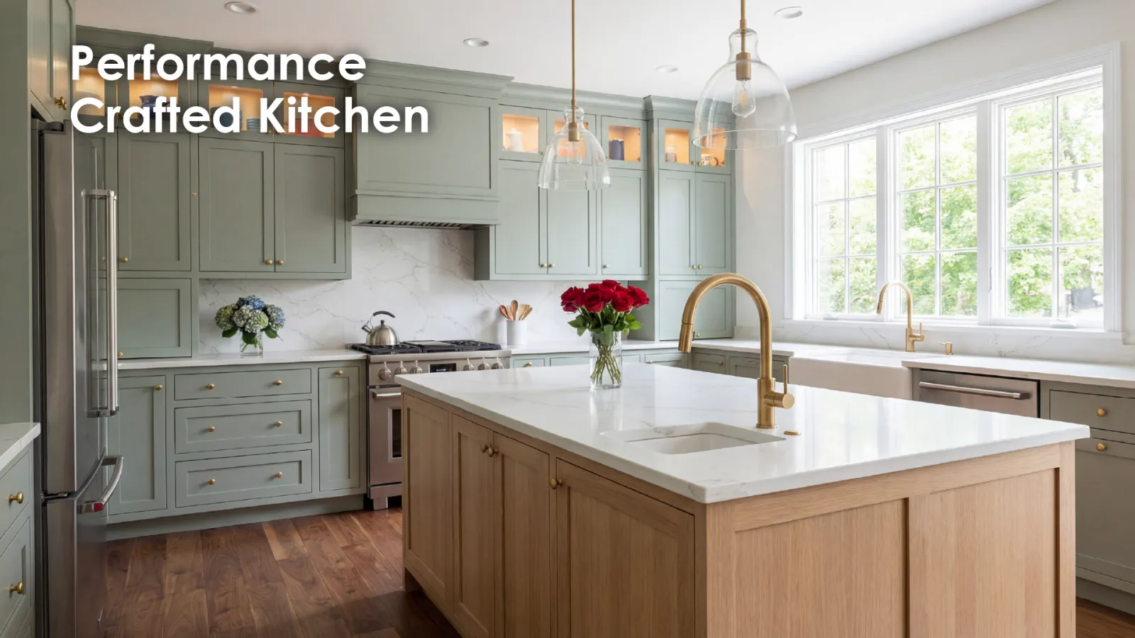 Modern kitchen with gray cabinets, marble countertops, wooden island, large windows, and gold hardware fixtures.
