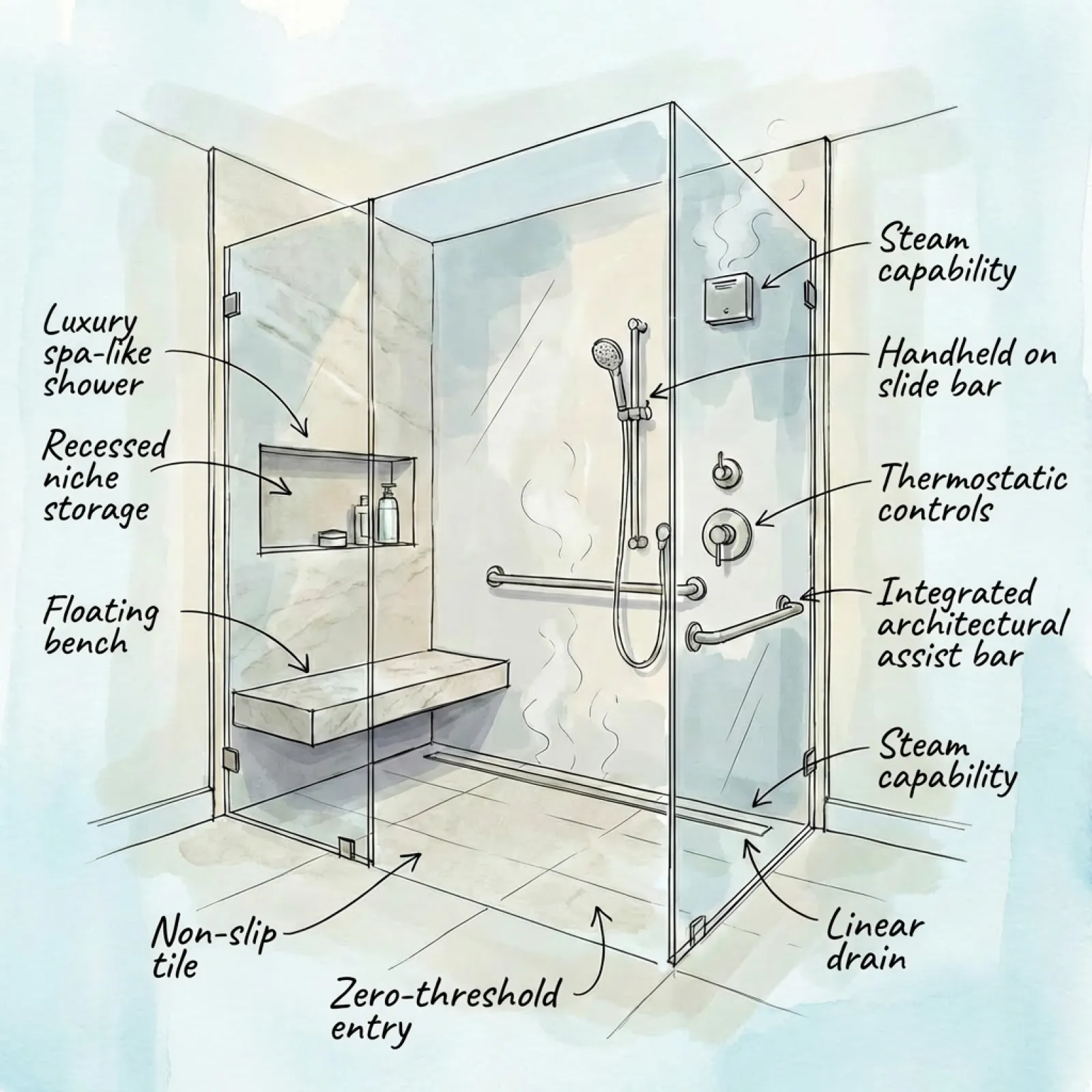Modern steam shower with glass walls, floating bench, recessed storage, handheld shower, and non-slip tile floor.