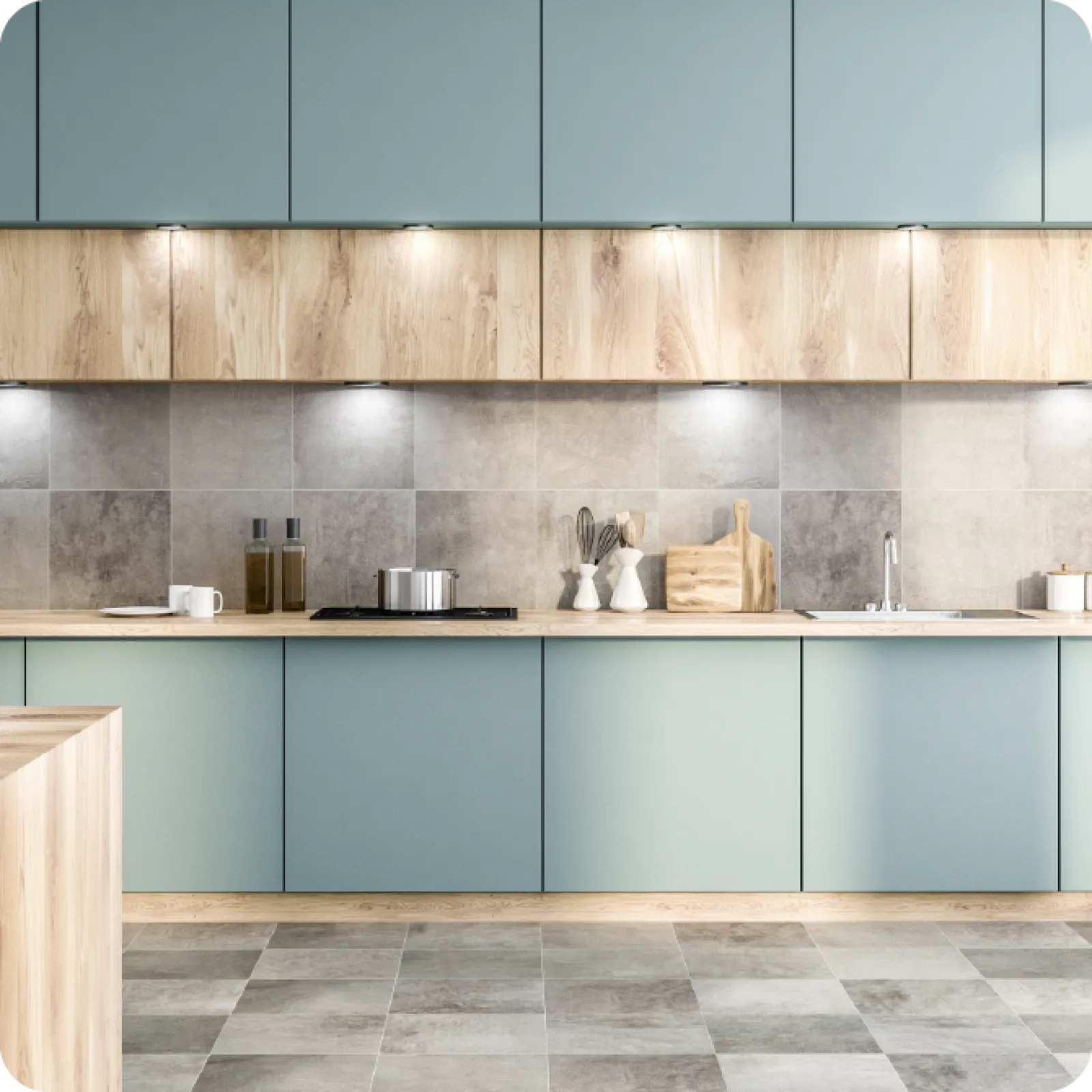 a kitchen with blue cabinets