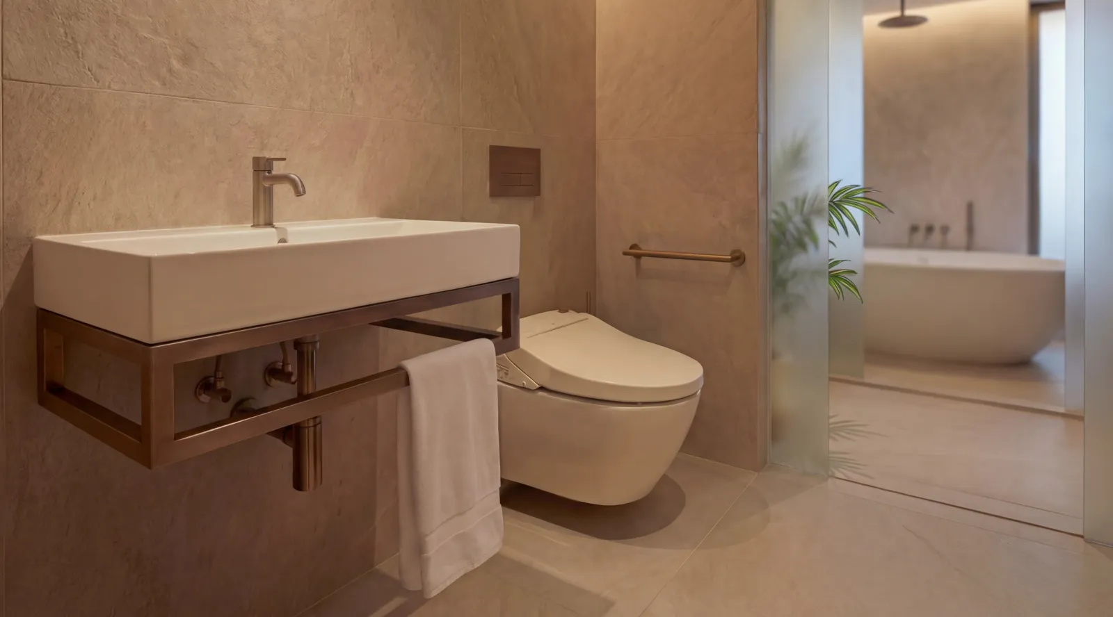 Modern bathroom with wall-mounted sink, sleek toilet, towel rack, and bathtub behind frosted glass door.
