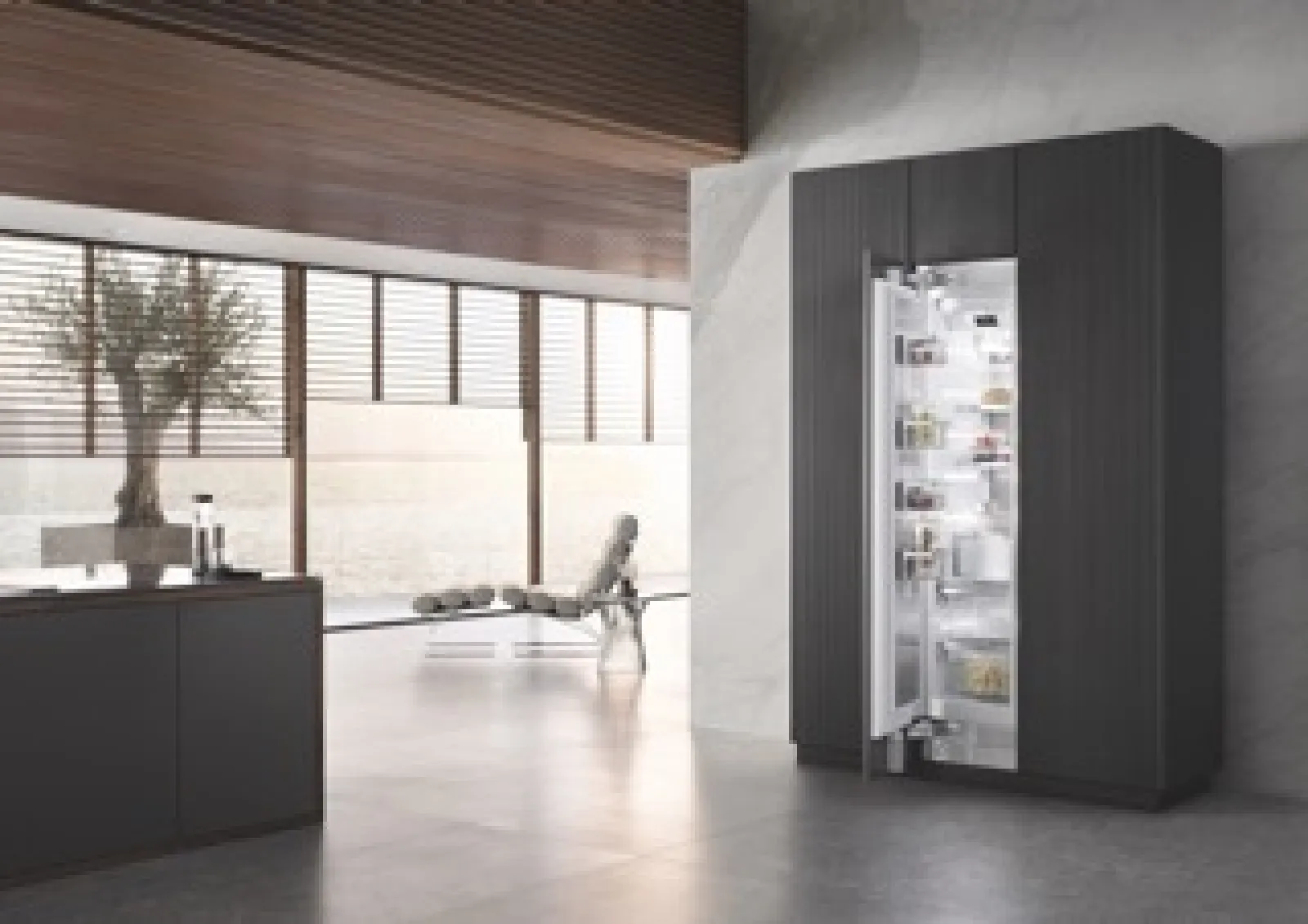 Modern kitchen featuring a sleek, dark refrigerator with clear glass panels and minimalistic decor.