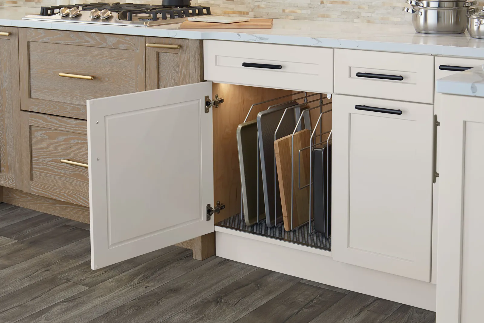 a kitchen with white cabinets