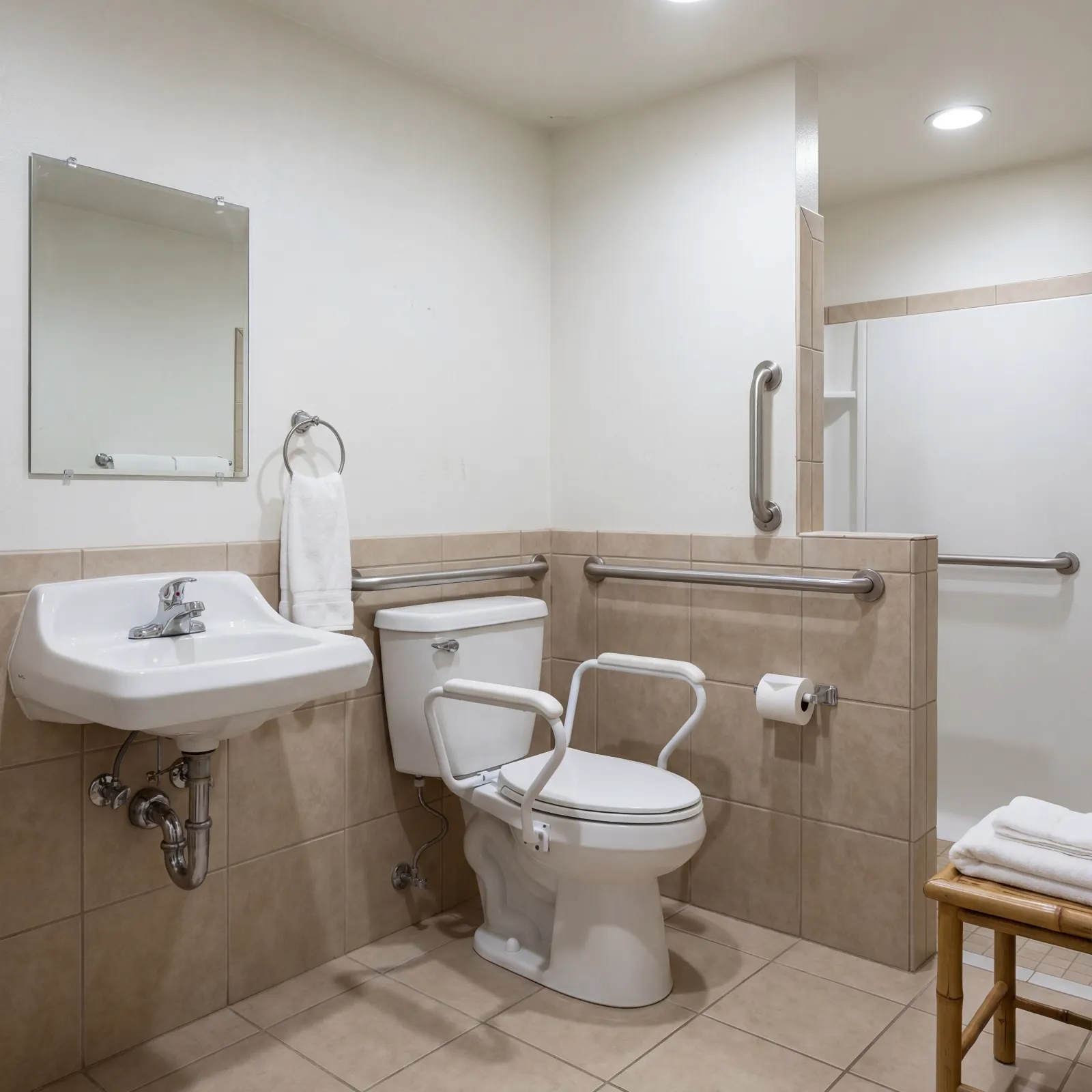 Accessible bathroom with wall-mounted sink, supportive handrails, raised toilet with armrests, and a shower area with grab bars.