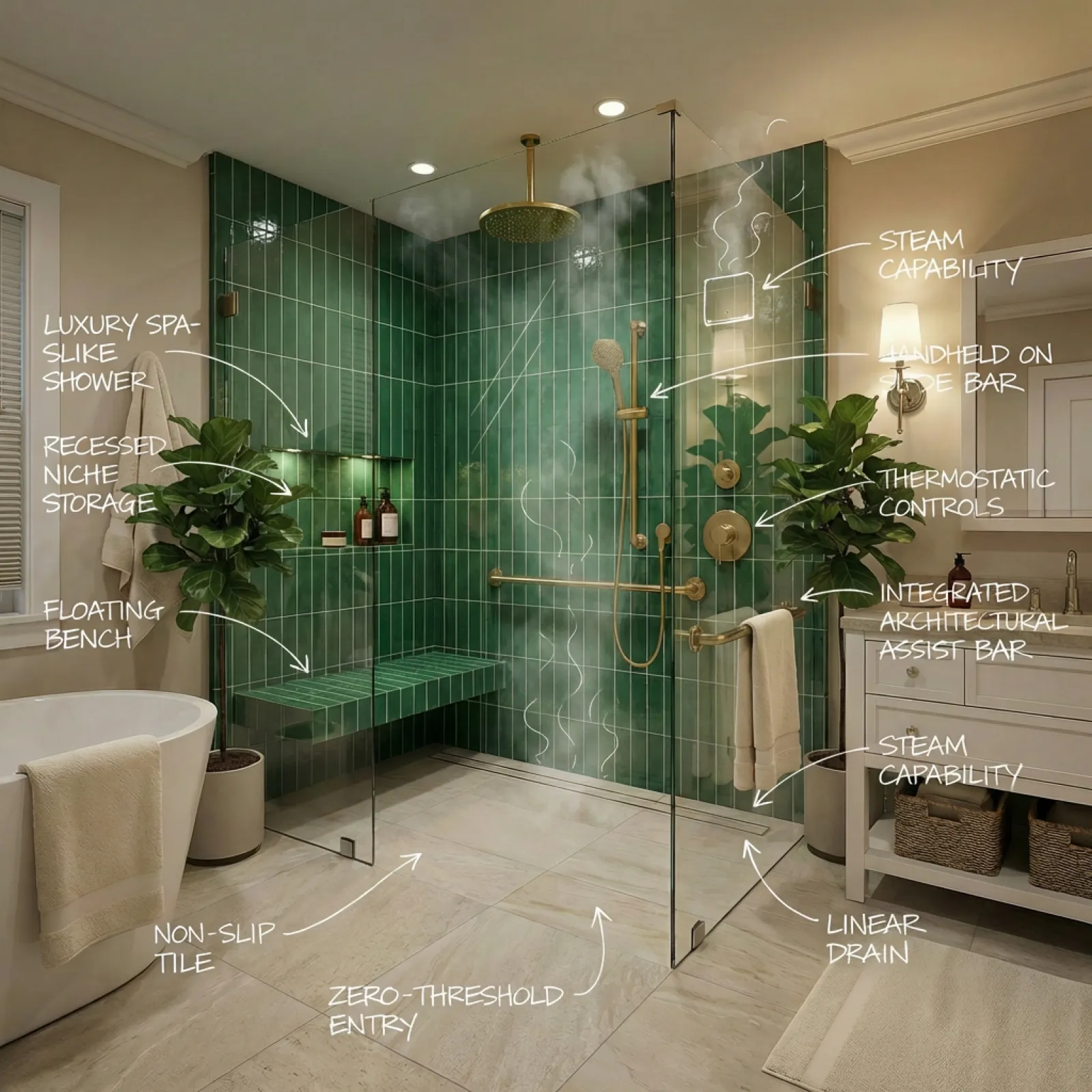 Modern luxury spa-like bathroom with green tile shower, floating bench, steam features, and gold fixtures.