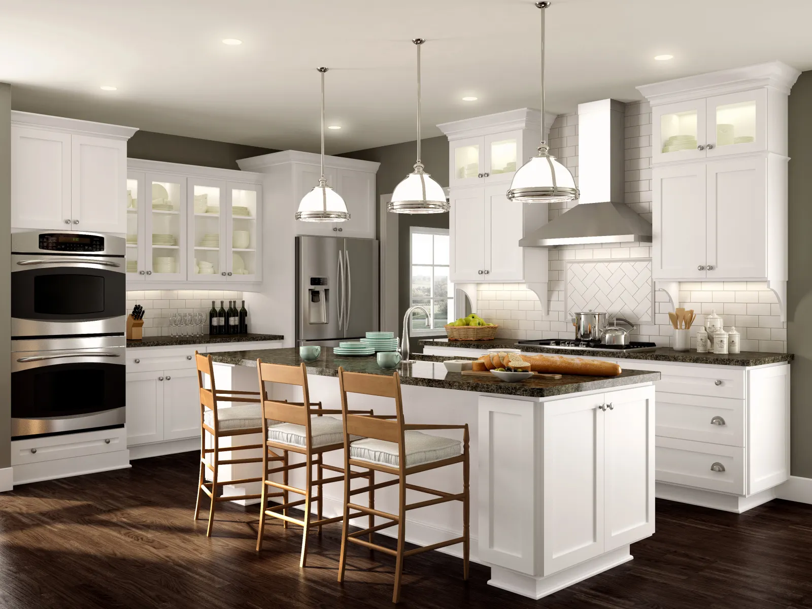 Modern white kitchen with granite island, wooden chairs, stainless steel appliances, and pendant lighting.