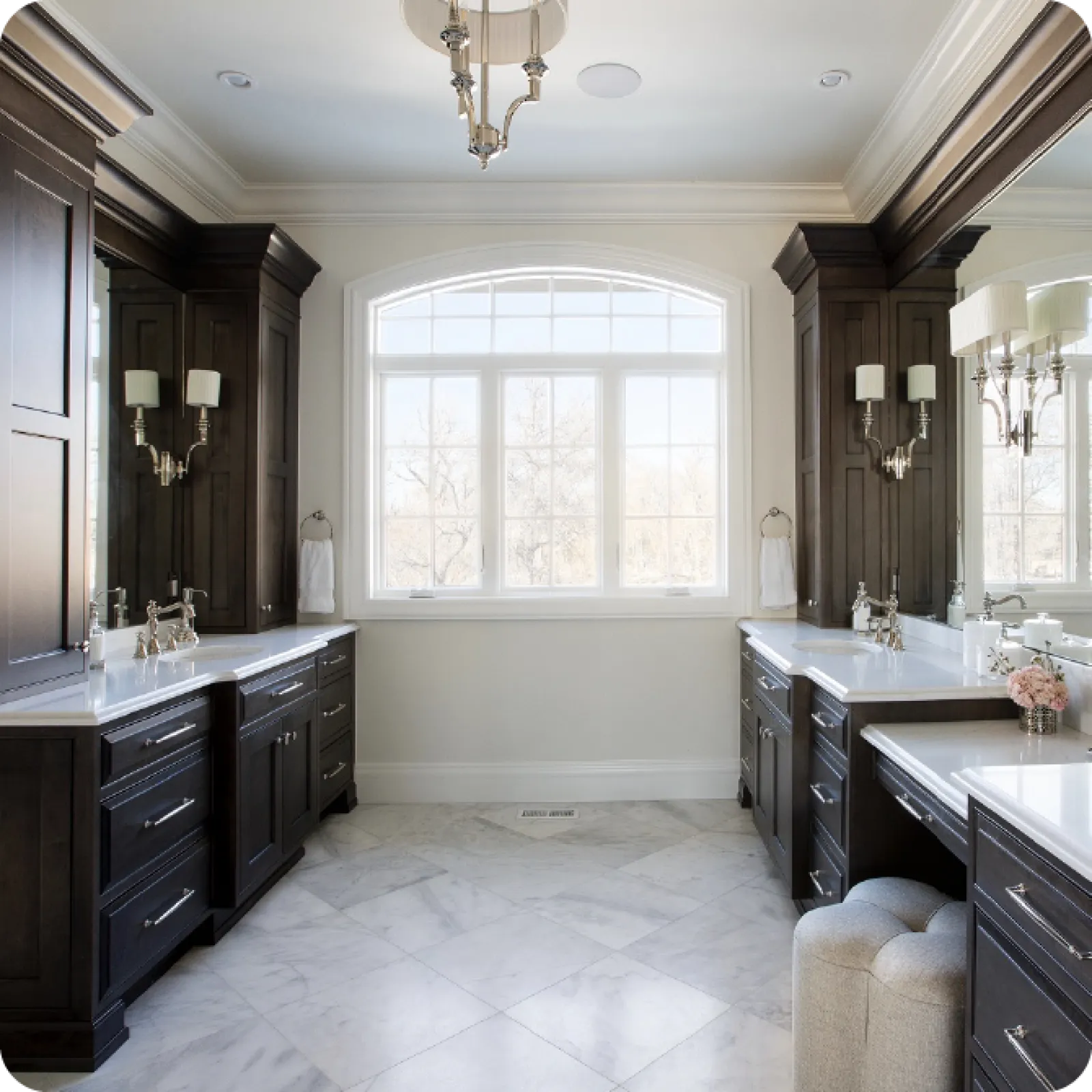 a large kitchen with a large window