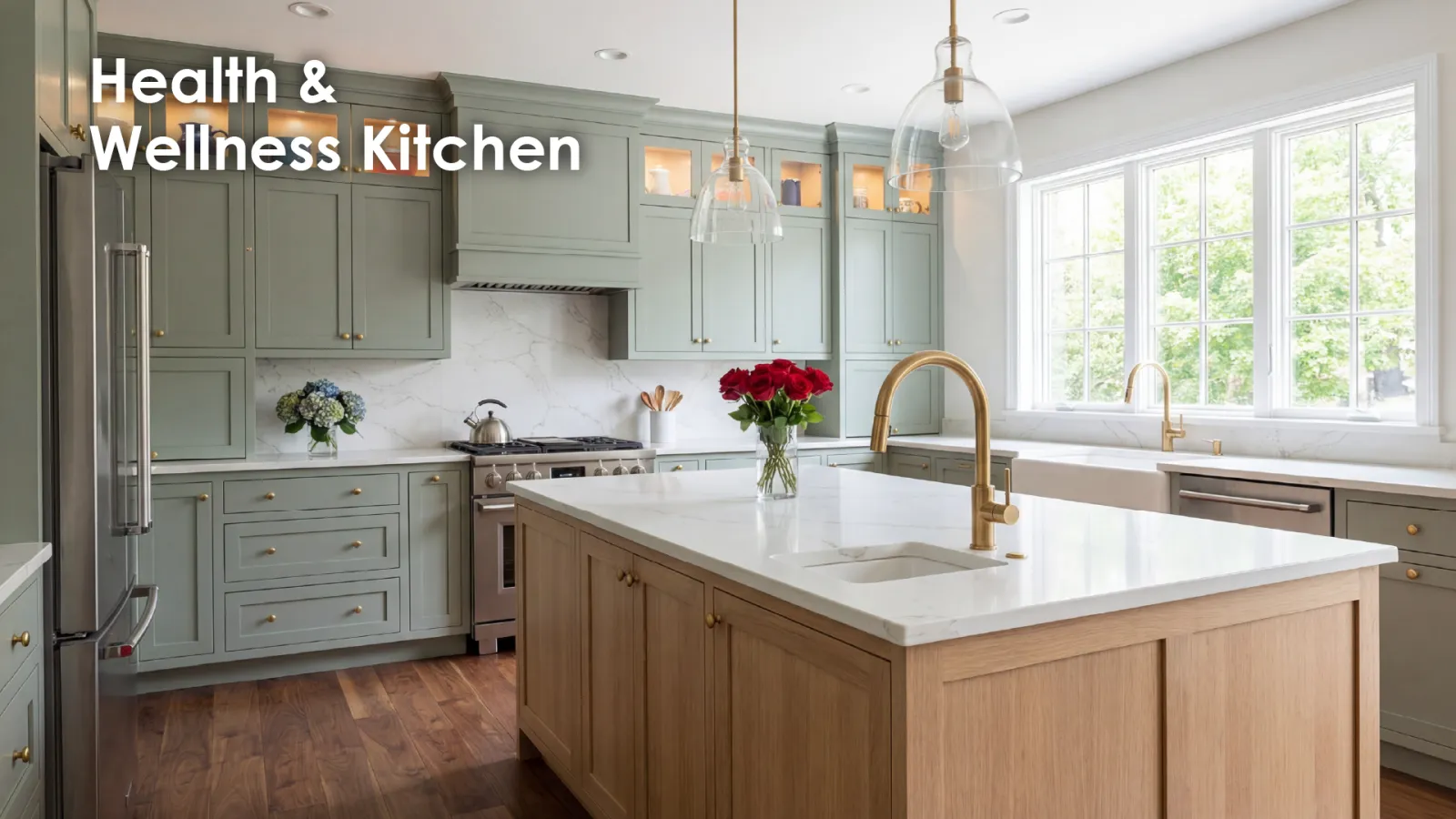 Modern kitchen with light green cabinets, wooden island, white marble countertops, and large windows for natural light