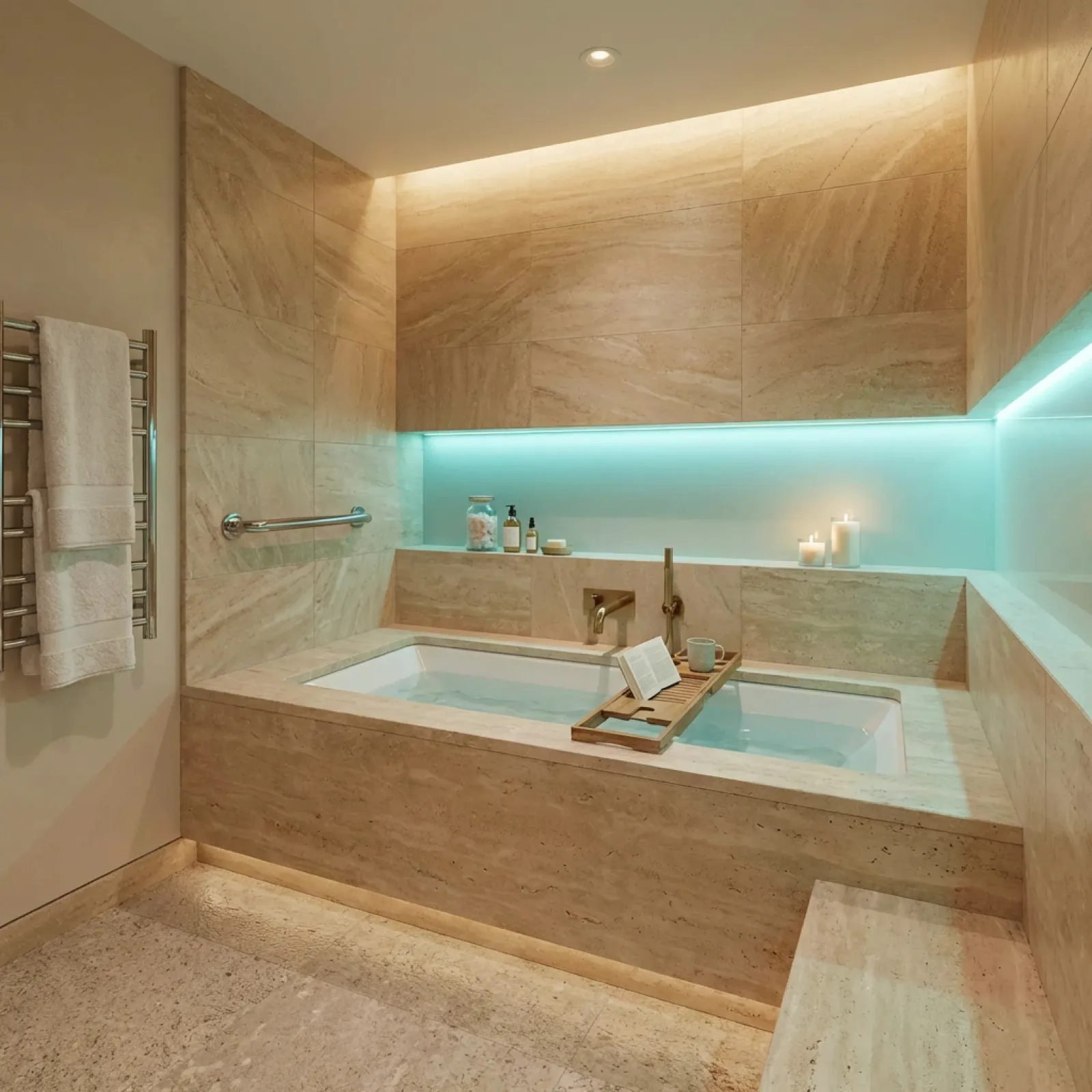 Modern bathroom with stone bathtub, underwater lighting, candles, towel rack, and bath caddy with book and cup