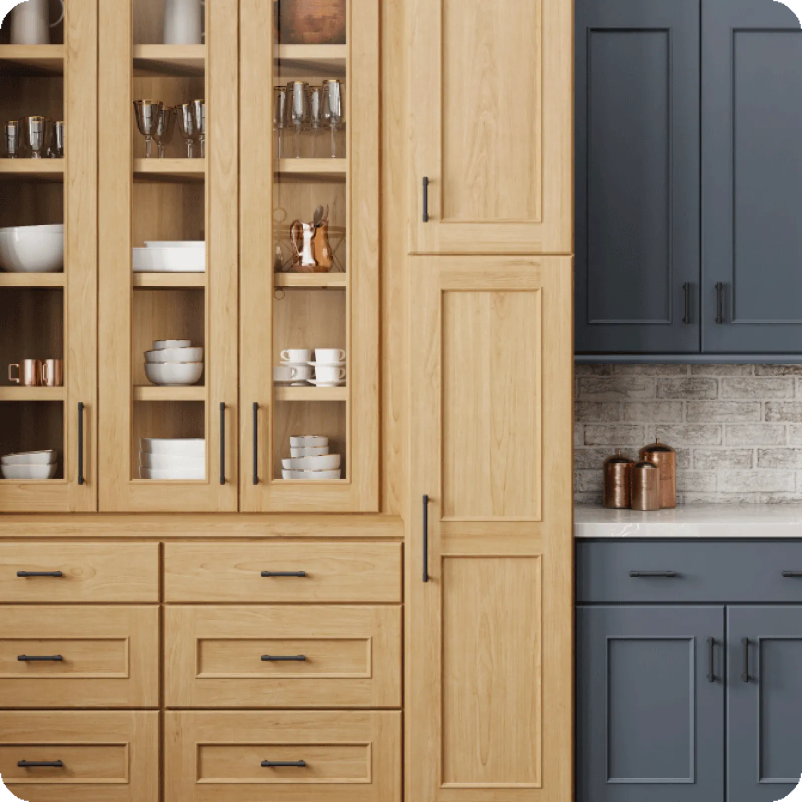 a kitchen with wooden cabinets