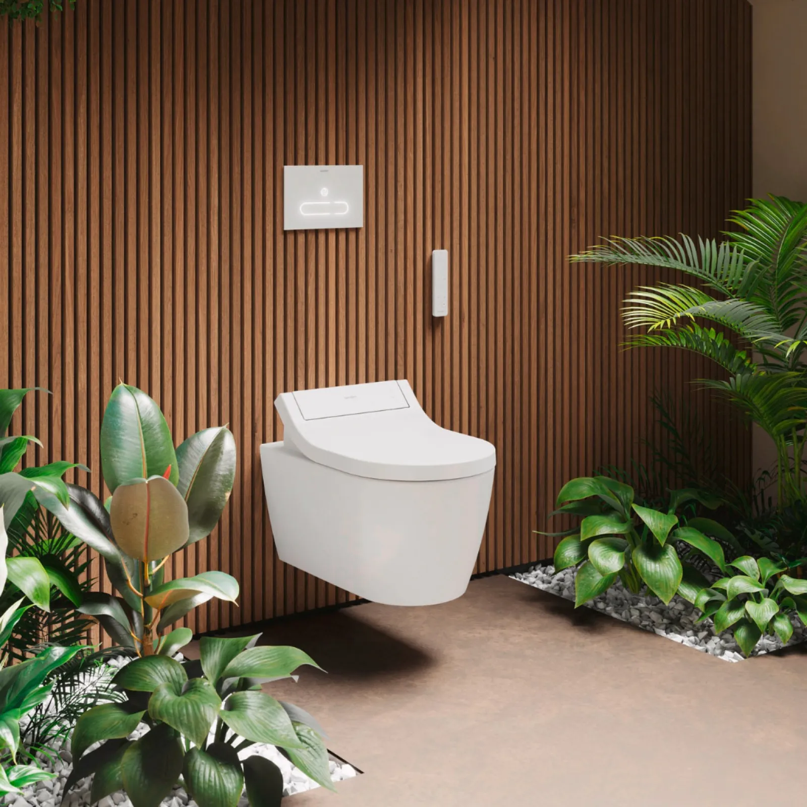 a bathroom with a toilet and plants