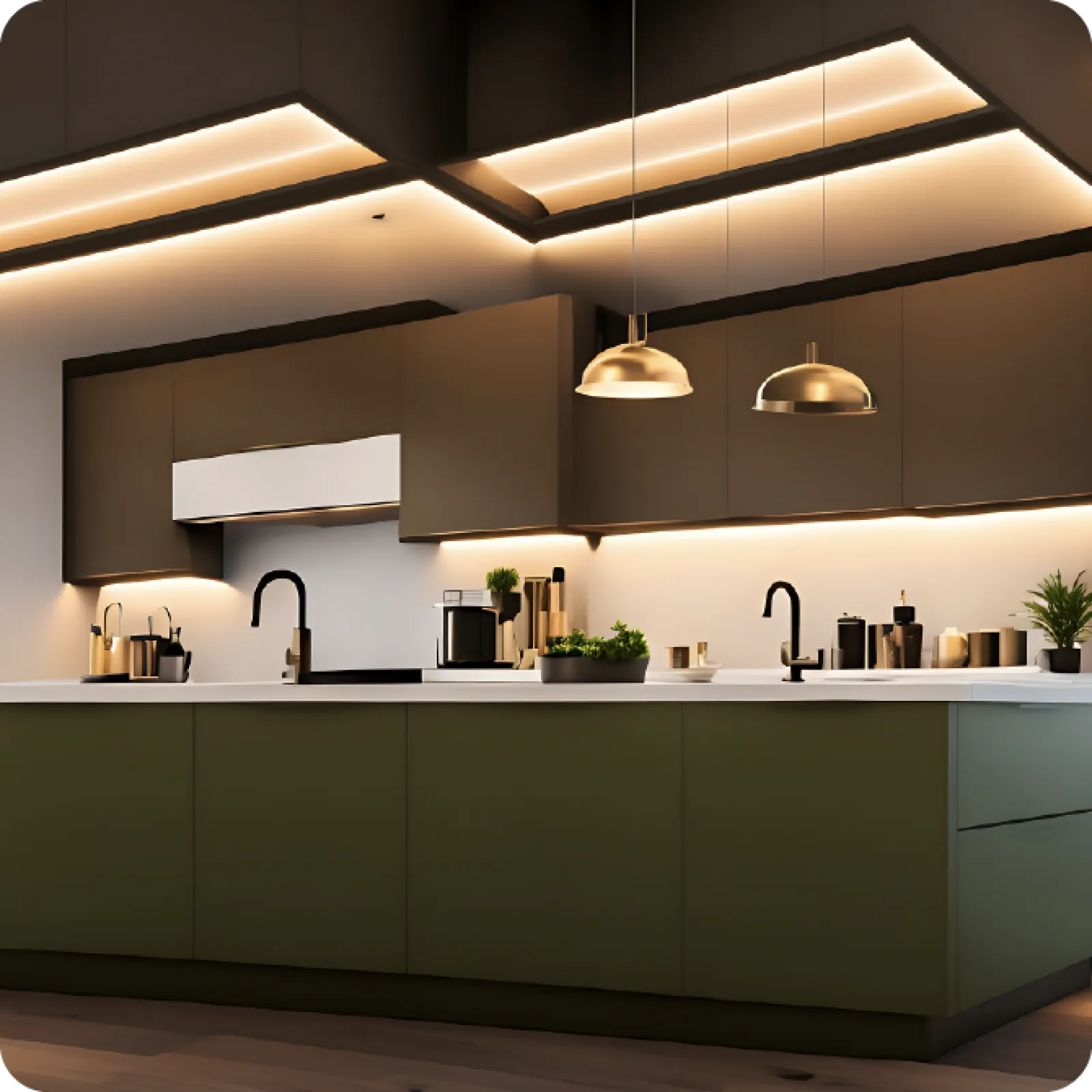 a kitchen with a light above the sink