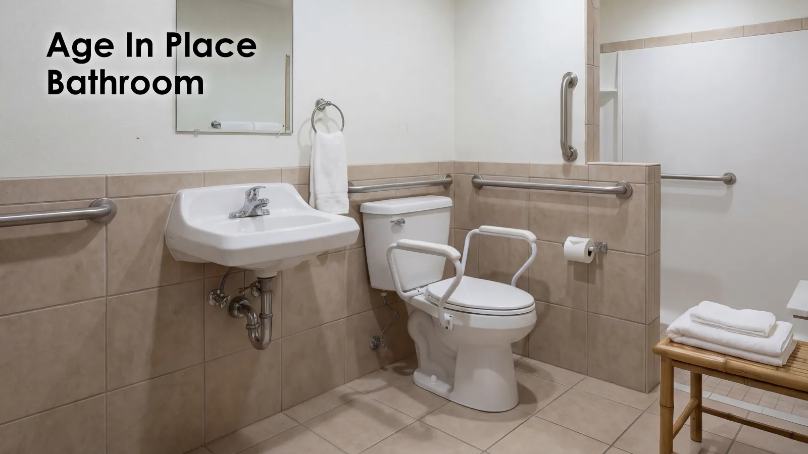 Accessible bathroom with grab bars, raised toilet with armrests, and wall-mounted sink for age-friendly design.