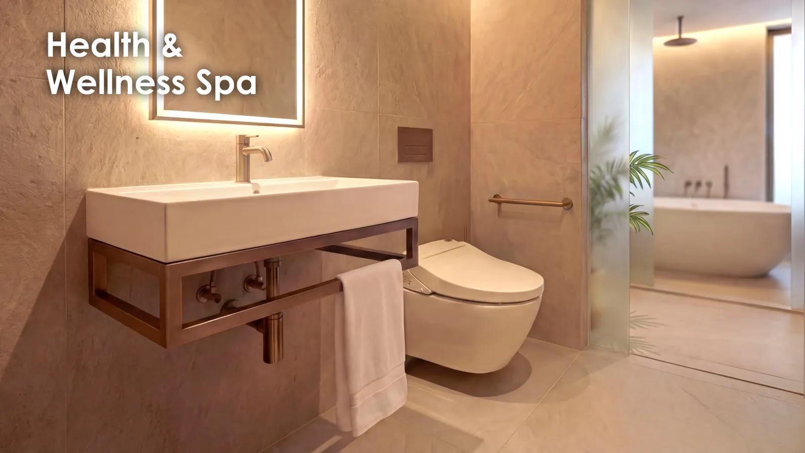 Modern spa bathroom with floating sink, towel, sleek toilet, and freestanding bathtub in soft lighting.