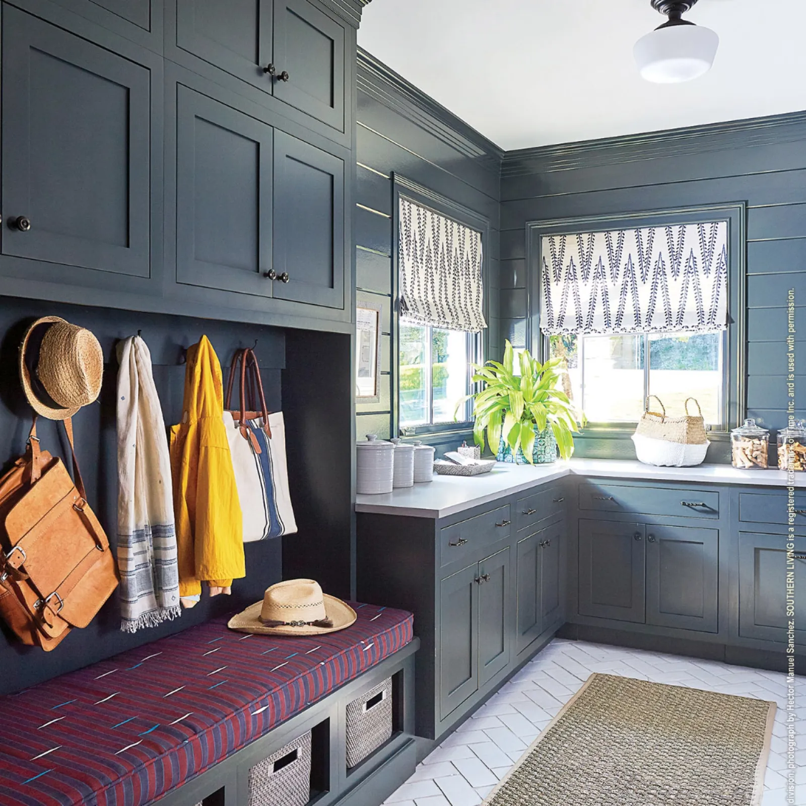 a kitchen with a red countertop and a red countertop