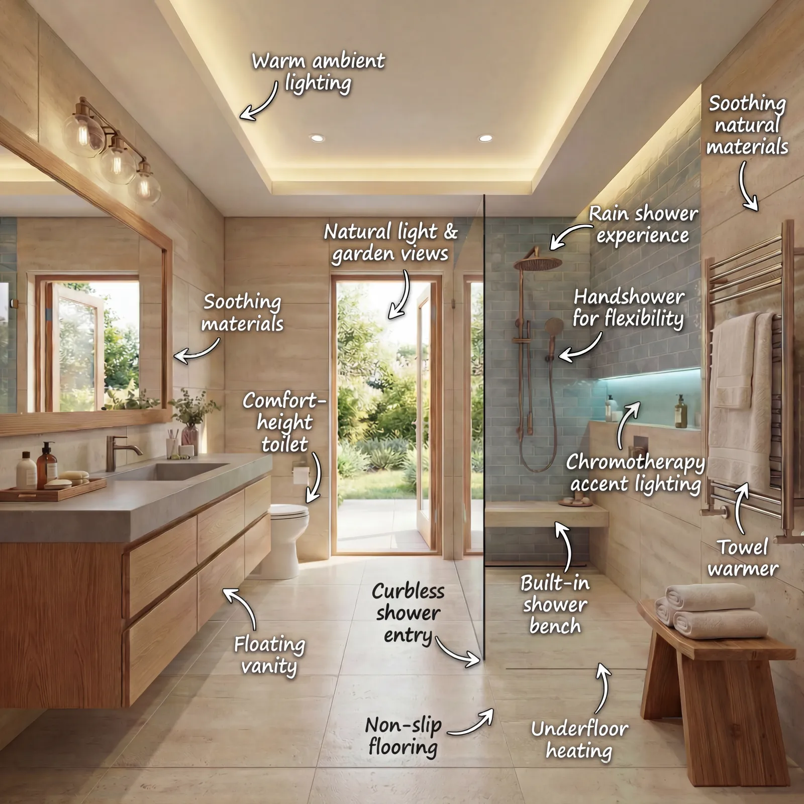 Modern spa-like bathroom with natural light, curbless shower, floating vanity, towel warmer, and underfloor heating.