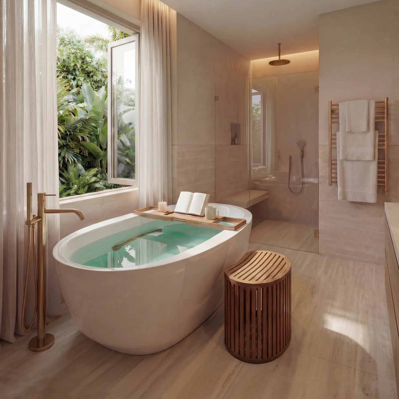 Modern bathroom with a freestanding bathtub, wooden stool, open window, and neutral decor with greenery outside
