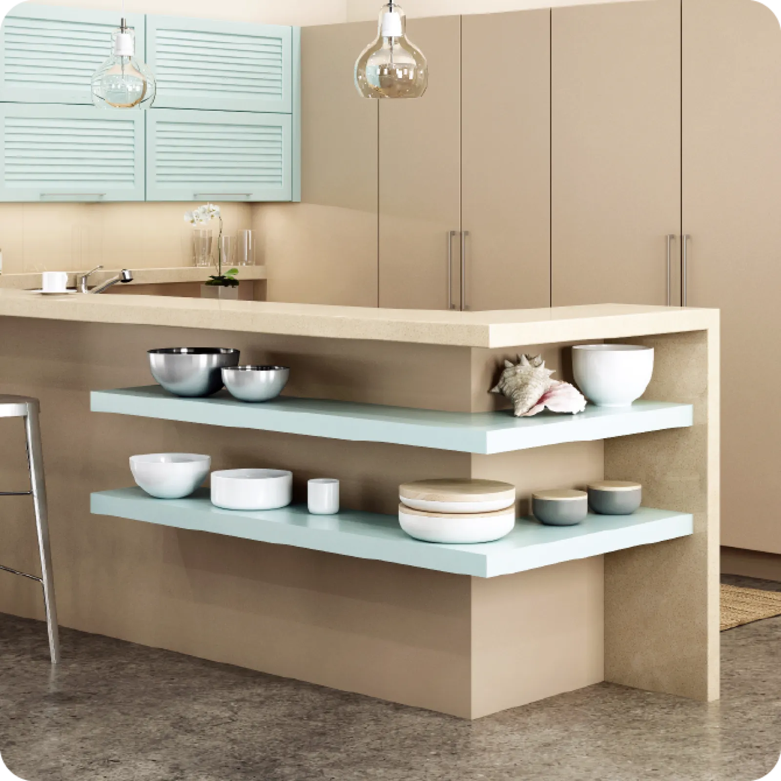 a kitchen with white shelves