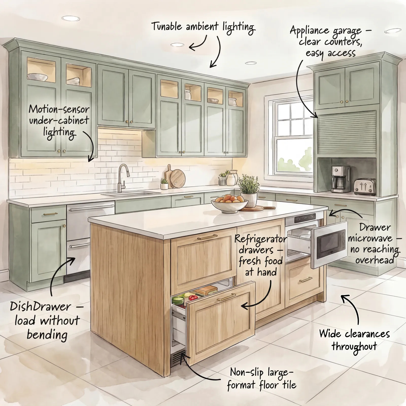 Modern kitchen with motion-sensor lighting, appliance garage, drawer microwave, refrigerator drawers, and large center island.