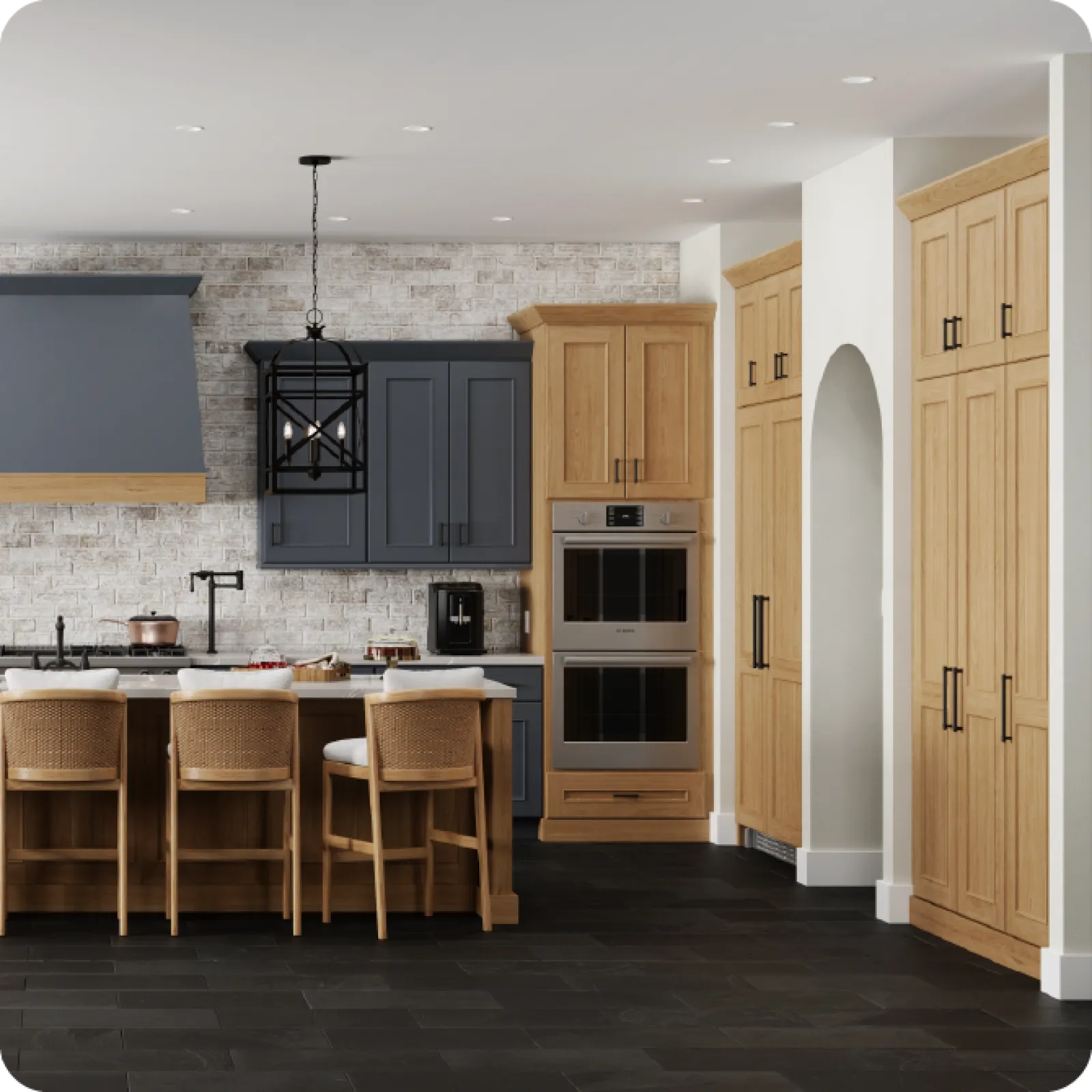 a kitchen with wooden cabinets