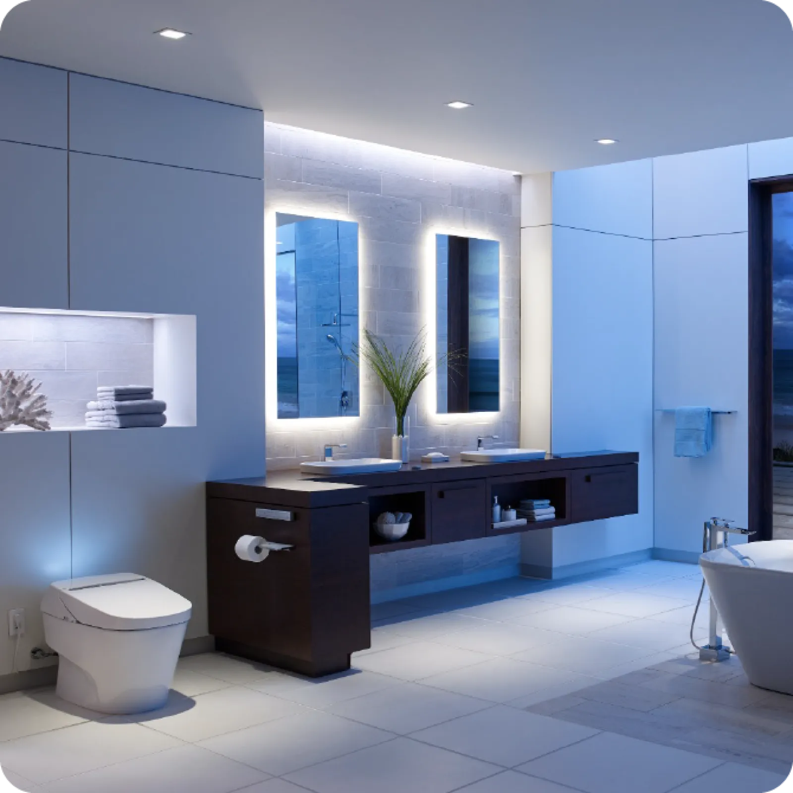 a bathroom with blue walls