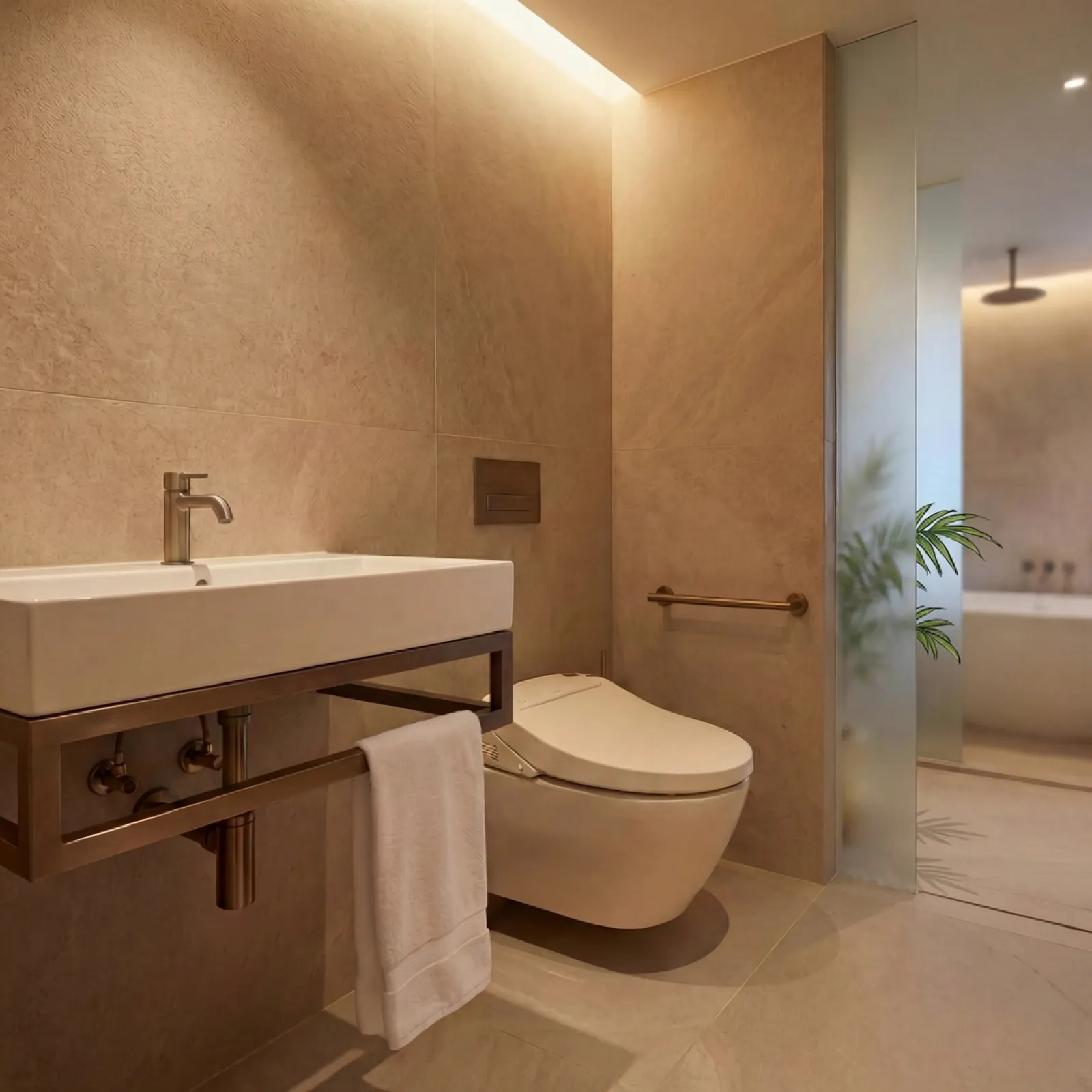 Modern bathroom with wall-mounted sink, smart toilet, beige tiles, towel rack, and frosted glass door.