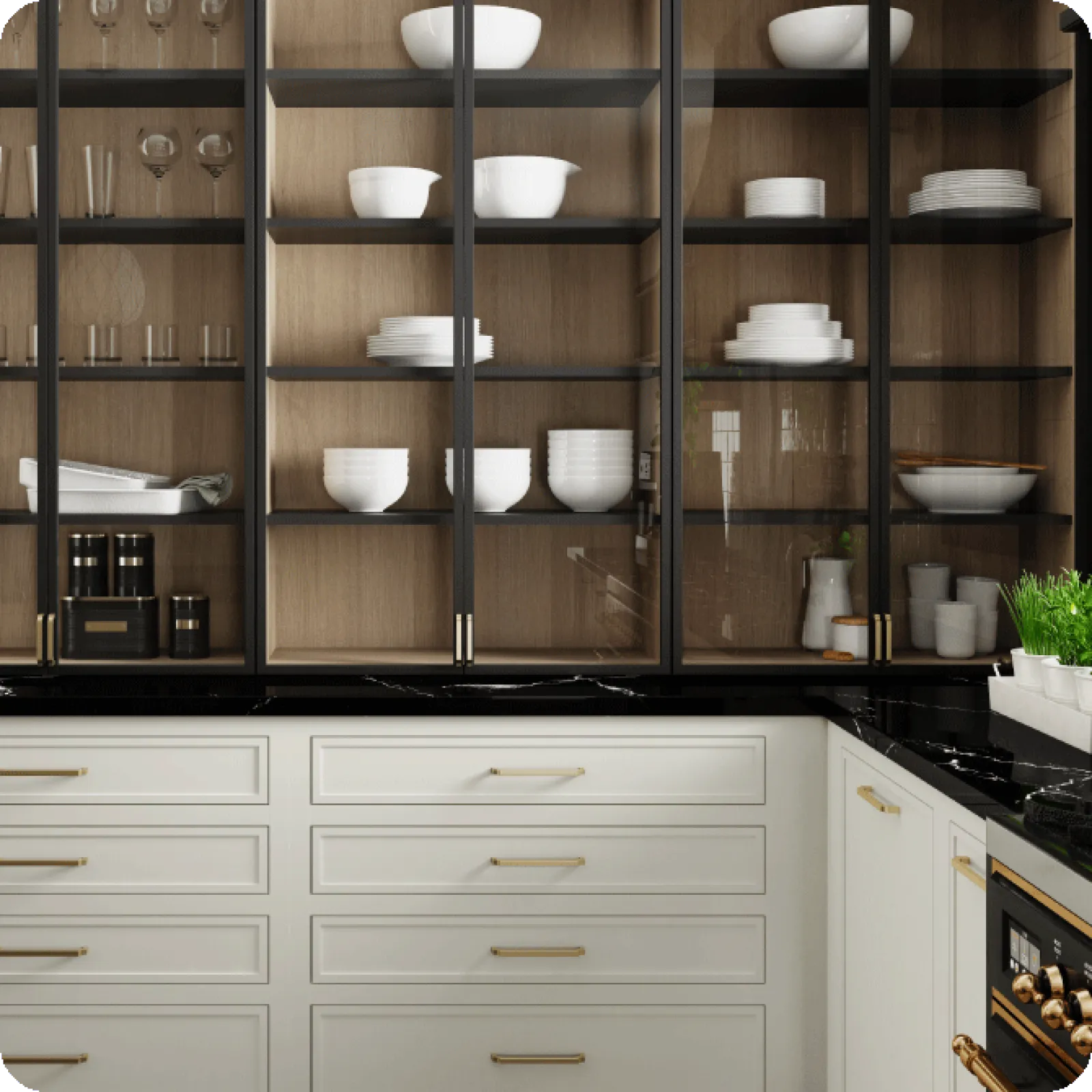 a kitchen with shelves full of chinaware