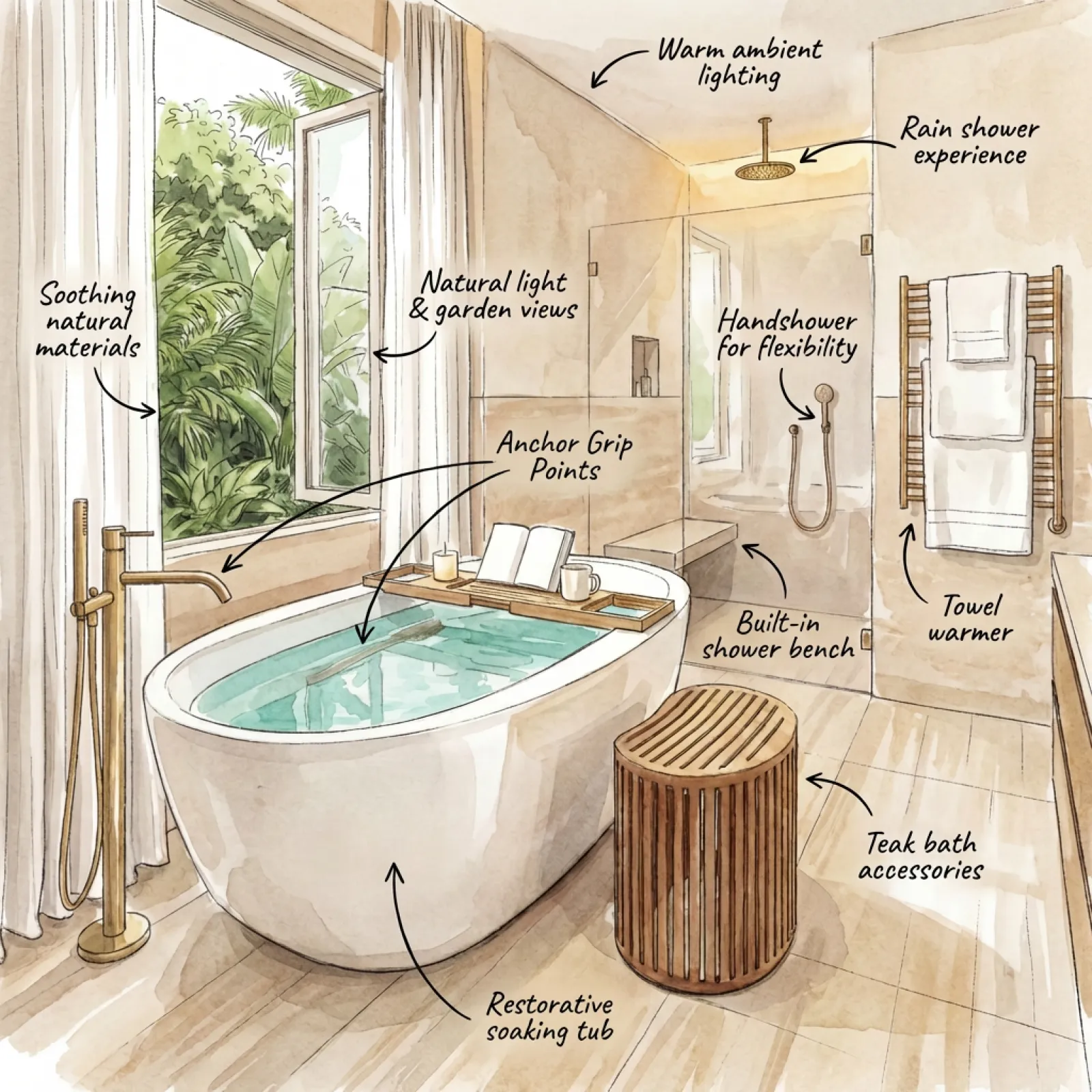 Modern bathroom with a soaking tub, teak accessories, shower bench, towel warmer, and natural garden views.