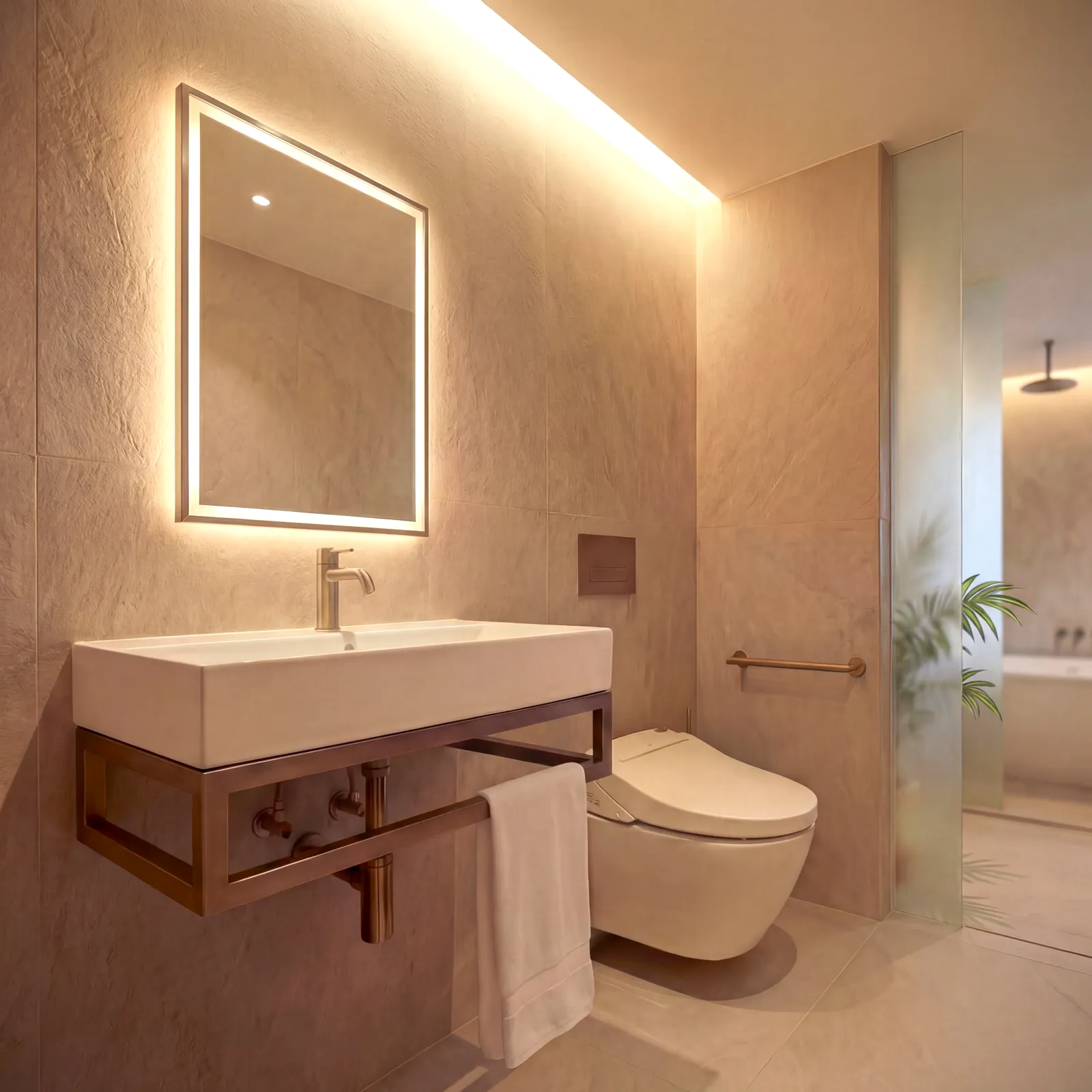 Modern bathroom with wall-mounted sink, illuminated mirror, floating toilet, and beige textured walls.