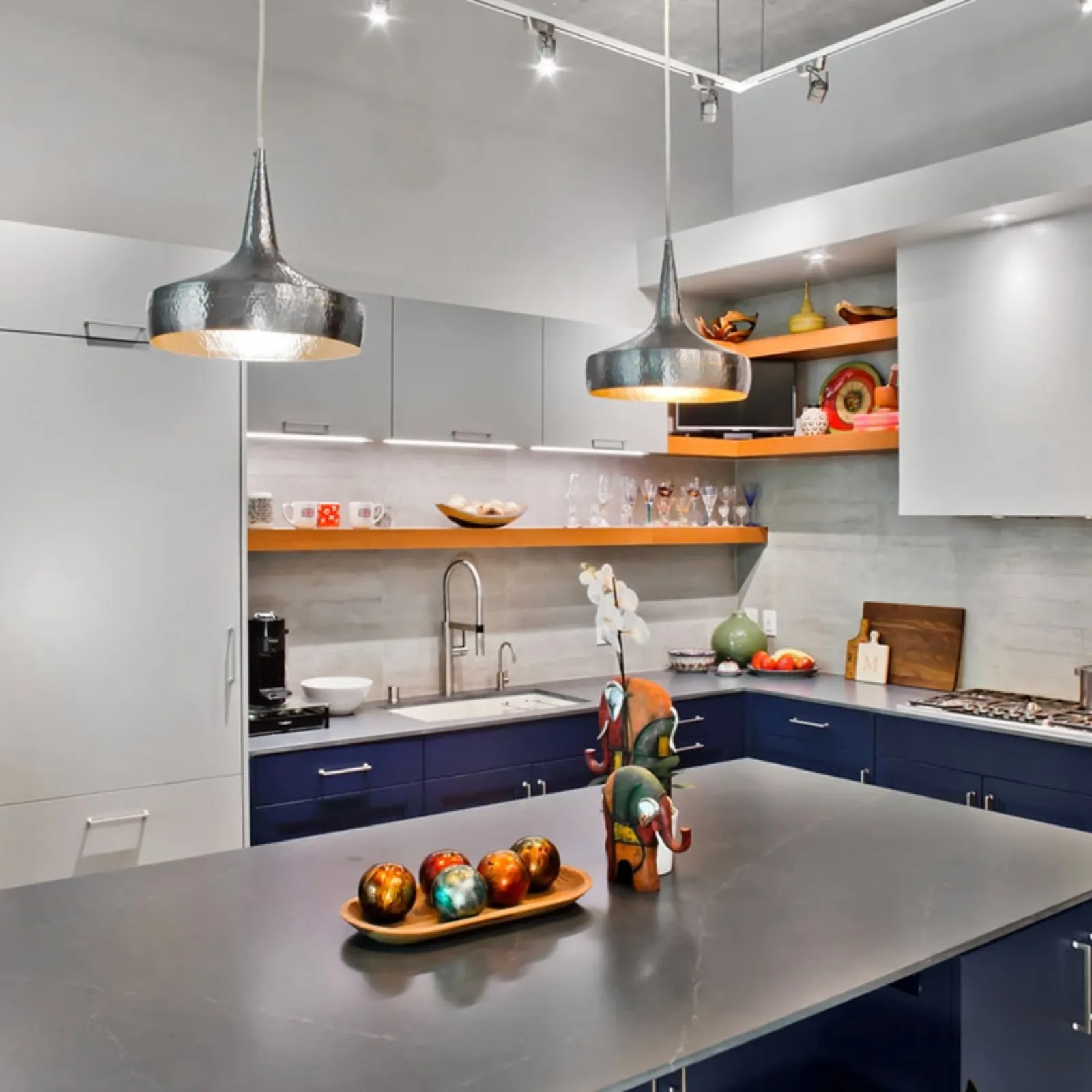 a kitchen with a blue countertop