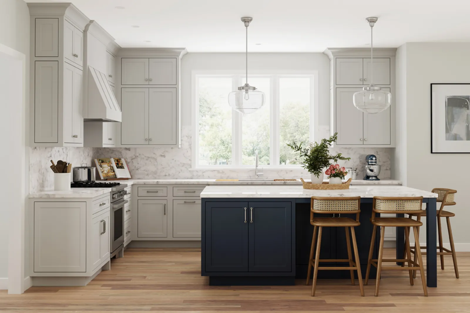 a kitchen with white cabinets