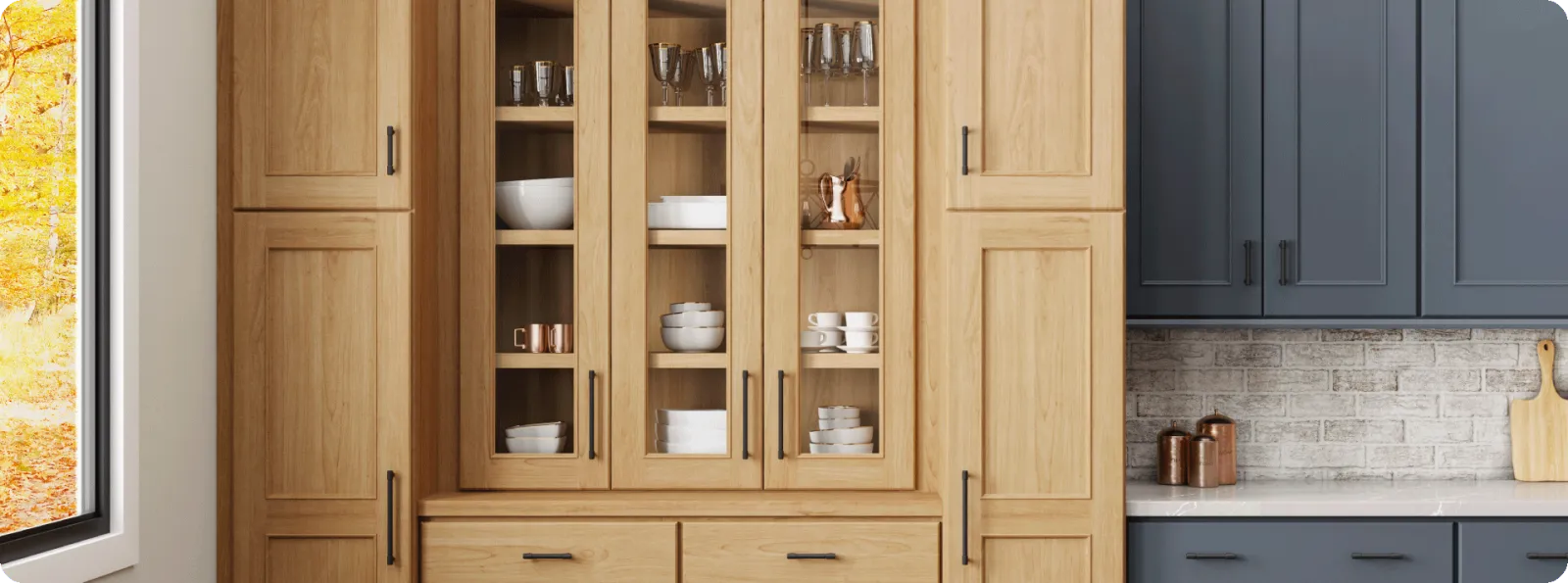 a kitchen with wooden cabinets