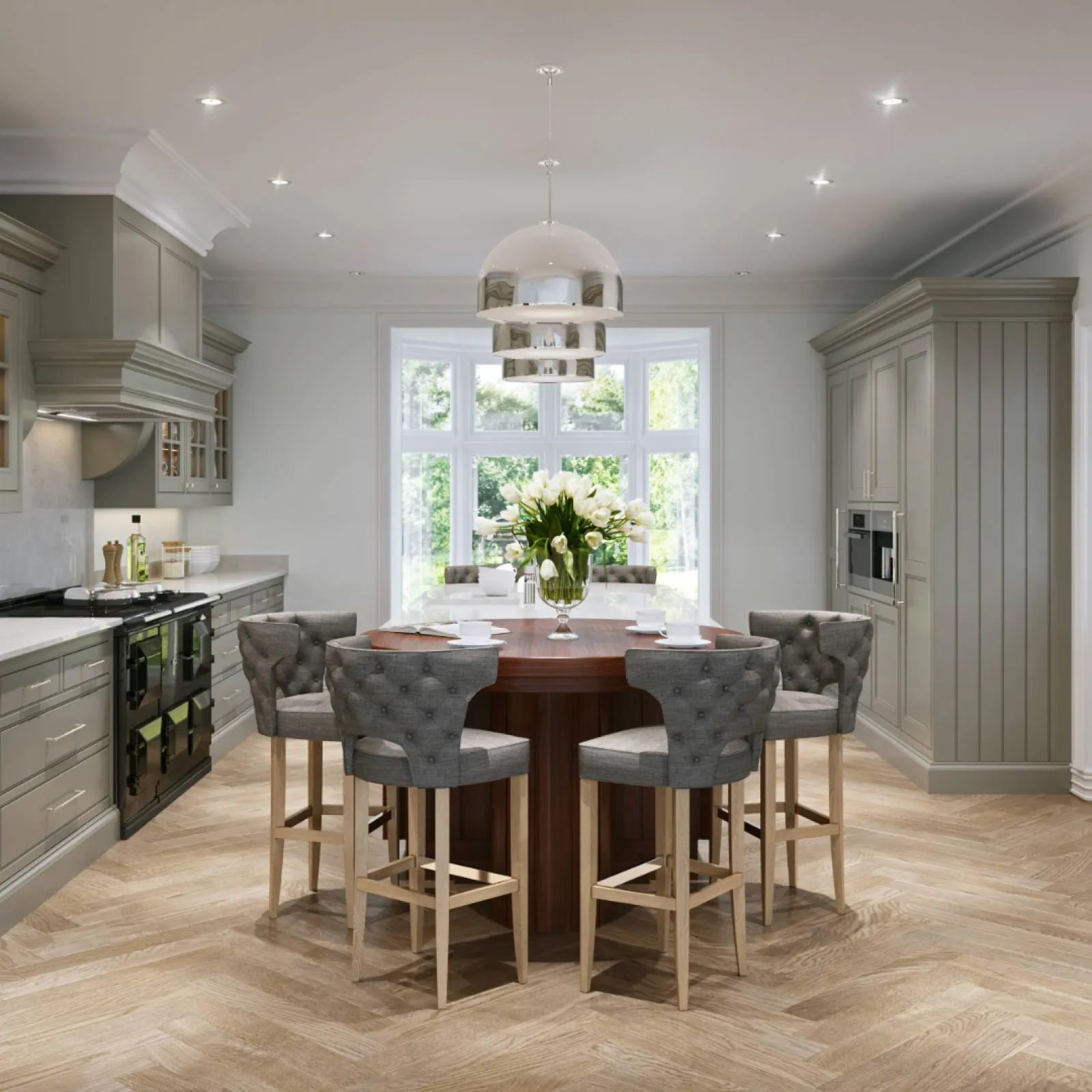 a kitchen with a table and chairs