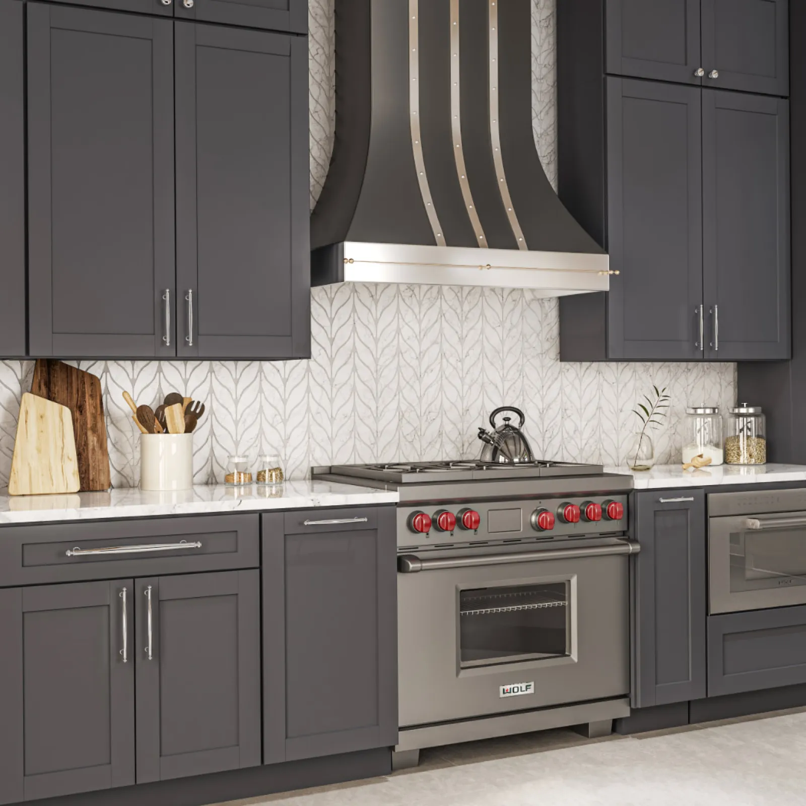 a kitchen with black cabinets