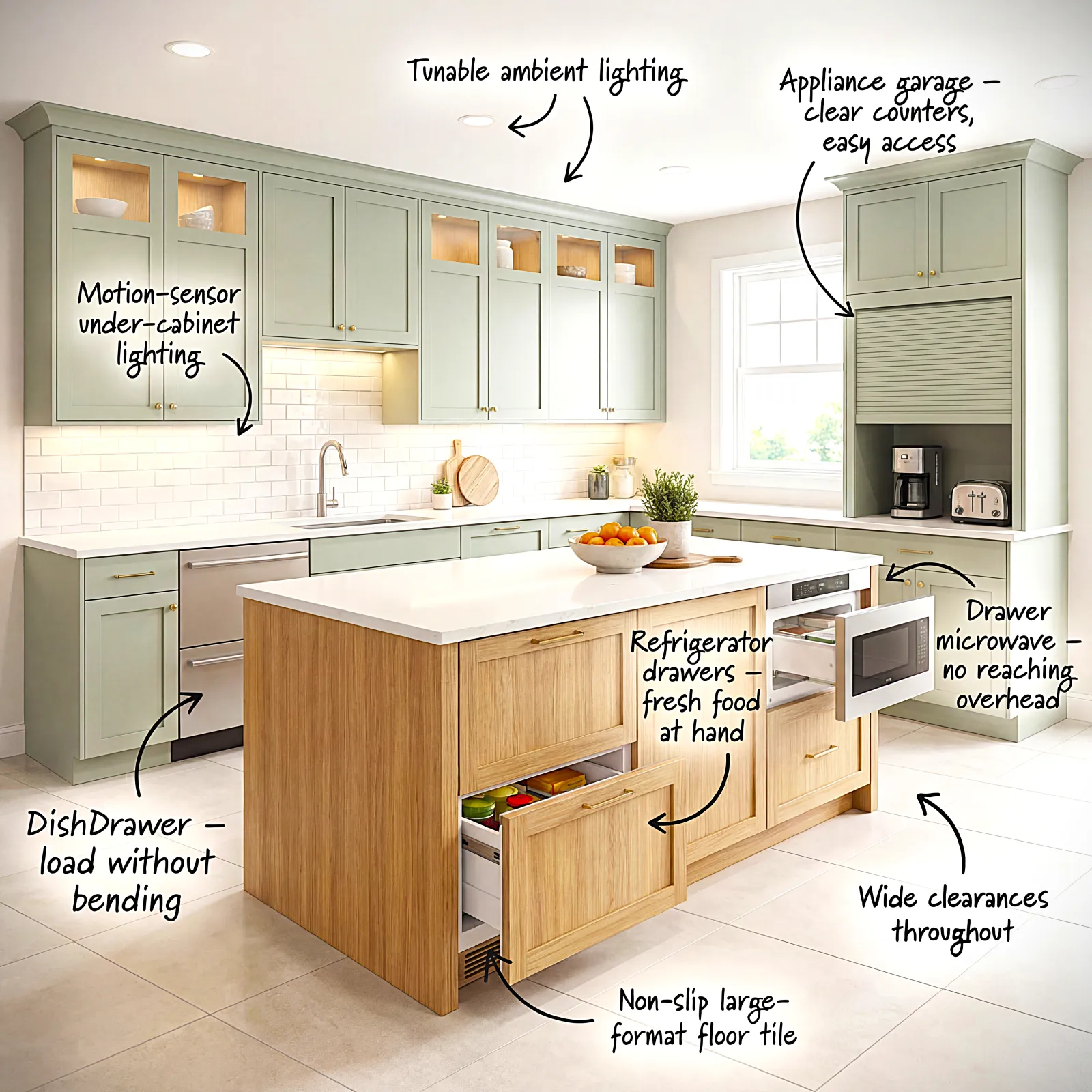 Modern kitchen with green cabinetry, wooden island, motion-sensor lighting, dishwasher drawer, microwave drawer, and wide clearances.