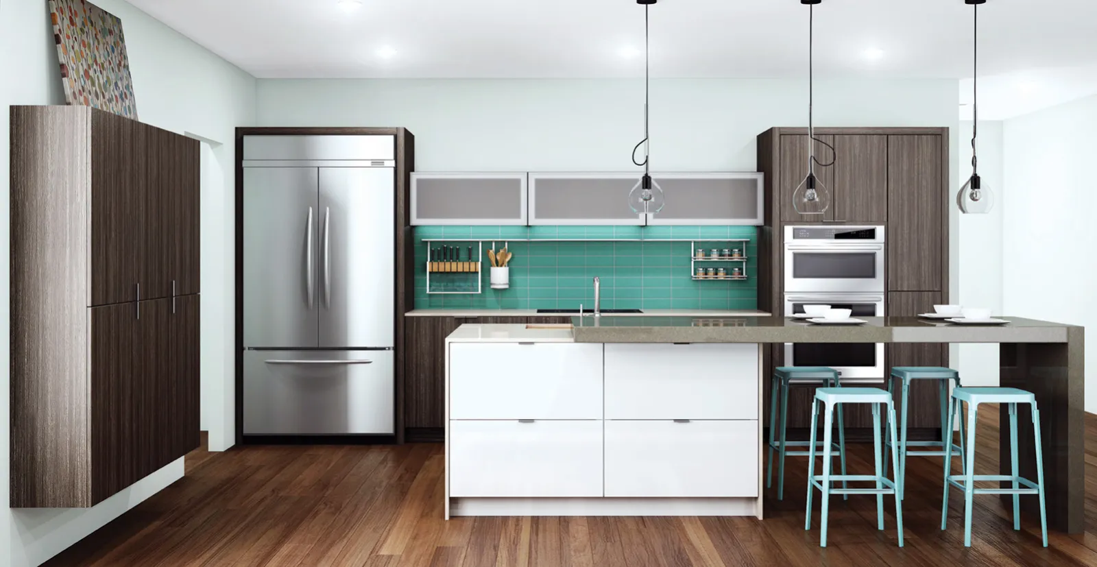 a kitchen with a refrigerator and stools