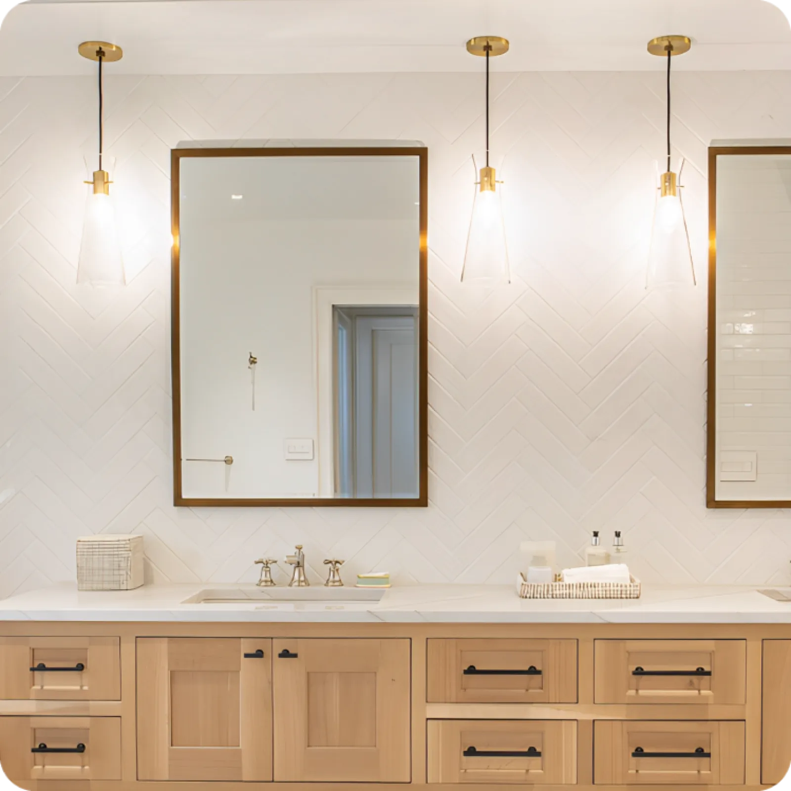 a bathroom with a large mirror