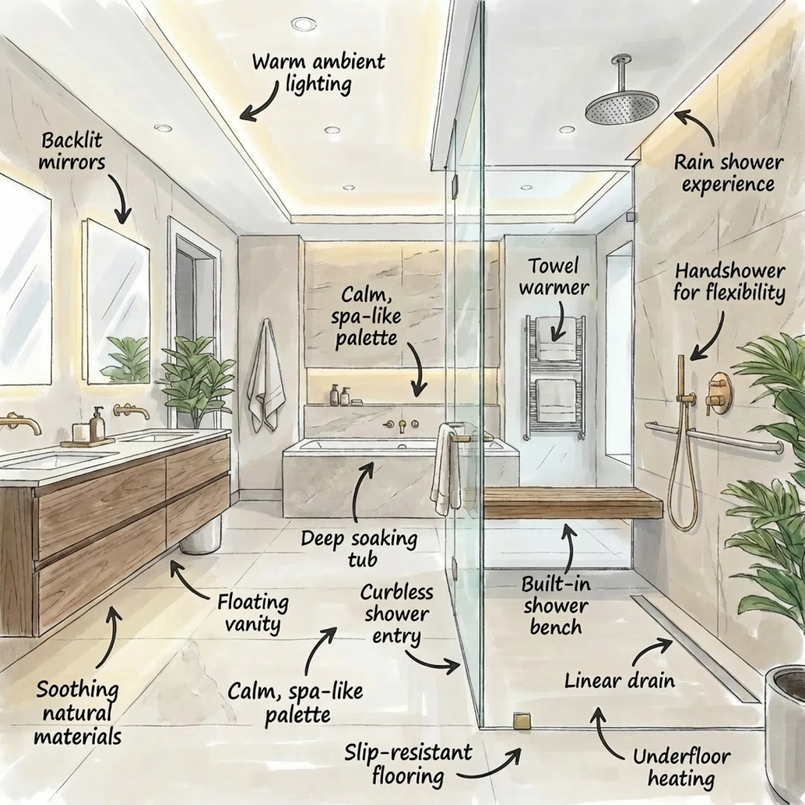 Modern spa-like bathroom with deep soaking tub, rain shower, floating vanity, warm lighting, and natural materials.