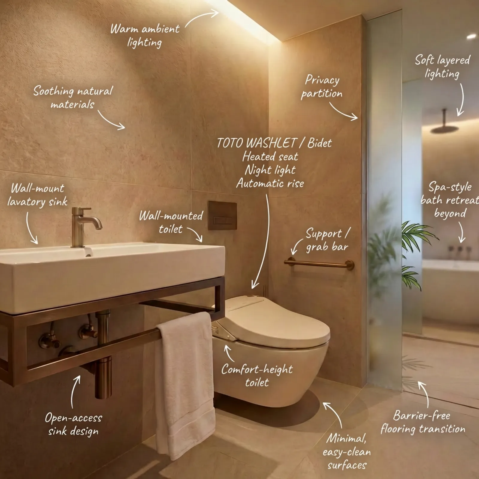 Modern bathroom with wall-mounted toilet, open-access sink, warm lighting, and spa-style bath retreat beyond privacy partition