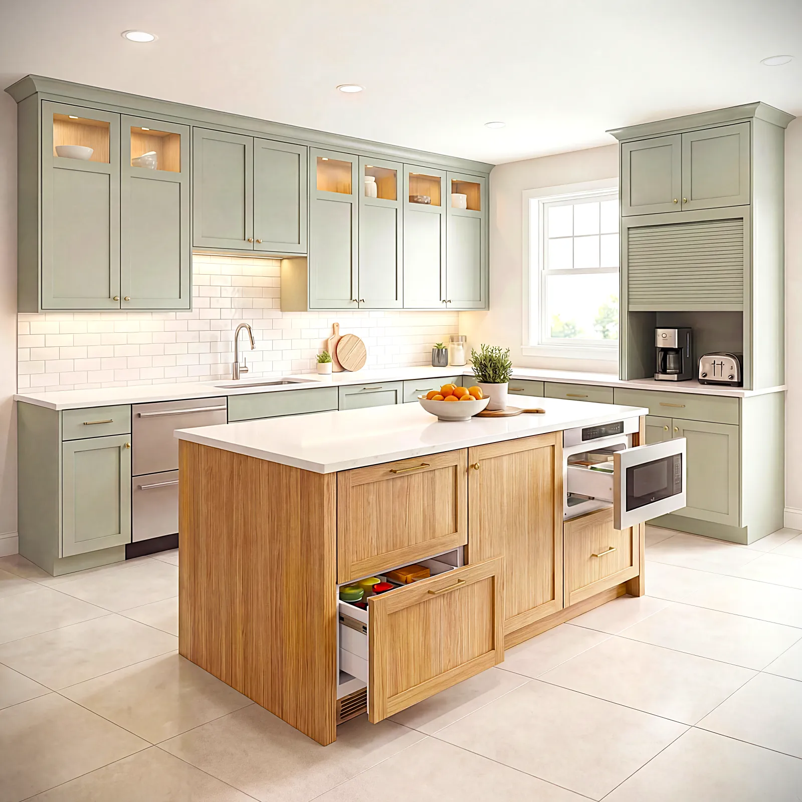 Modern kitchen with sage green cabinets, wooden island with open drawers, white countertops, and a bright window.