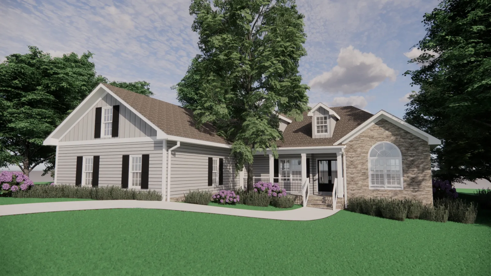 Single-story house with gray siding, stone facade, large windows, front porch, and surrounding green lawn and trees