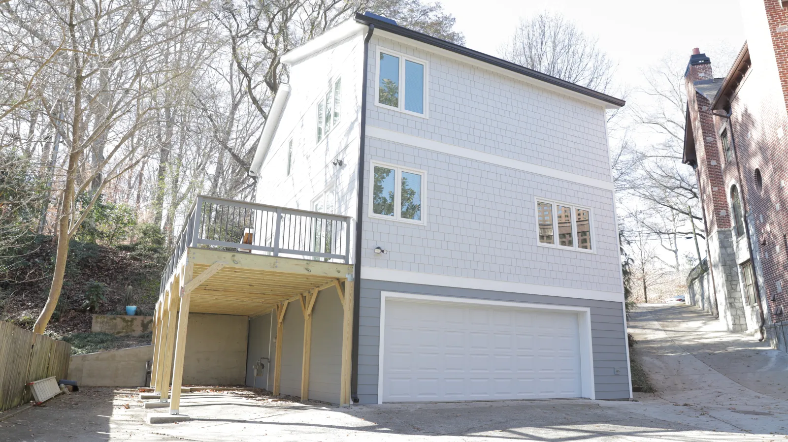 a garage with a balcony